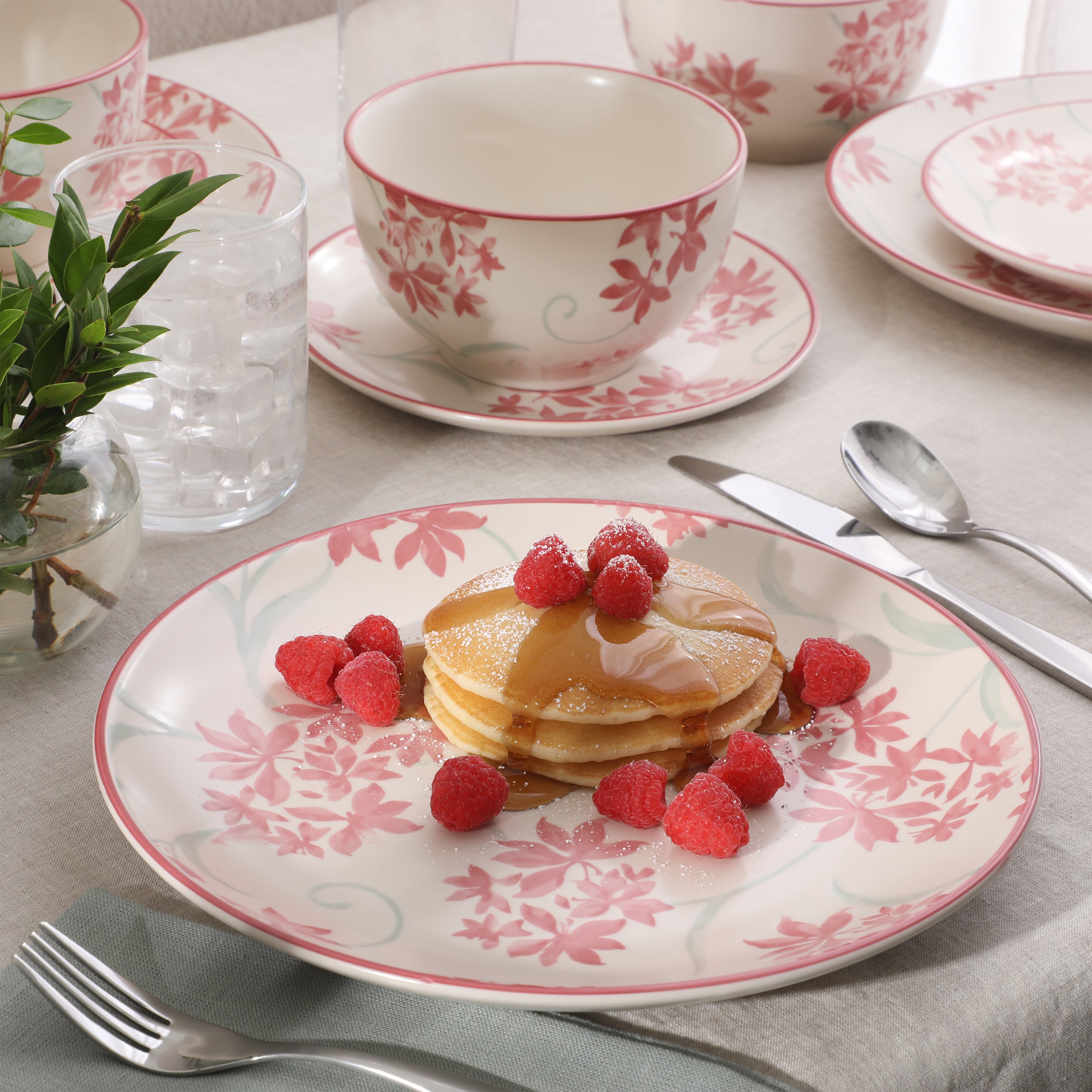 Gibson Home Admiral Hall 12-Piece Matte Stoneware Dinnerware Set – Dinner Plates, Salad Plates & Bowls with Pink Floral Pattern, Durable Everyday Dish Set, Microwave & Dishwasher Safe