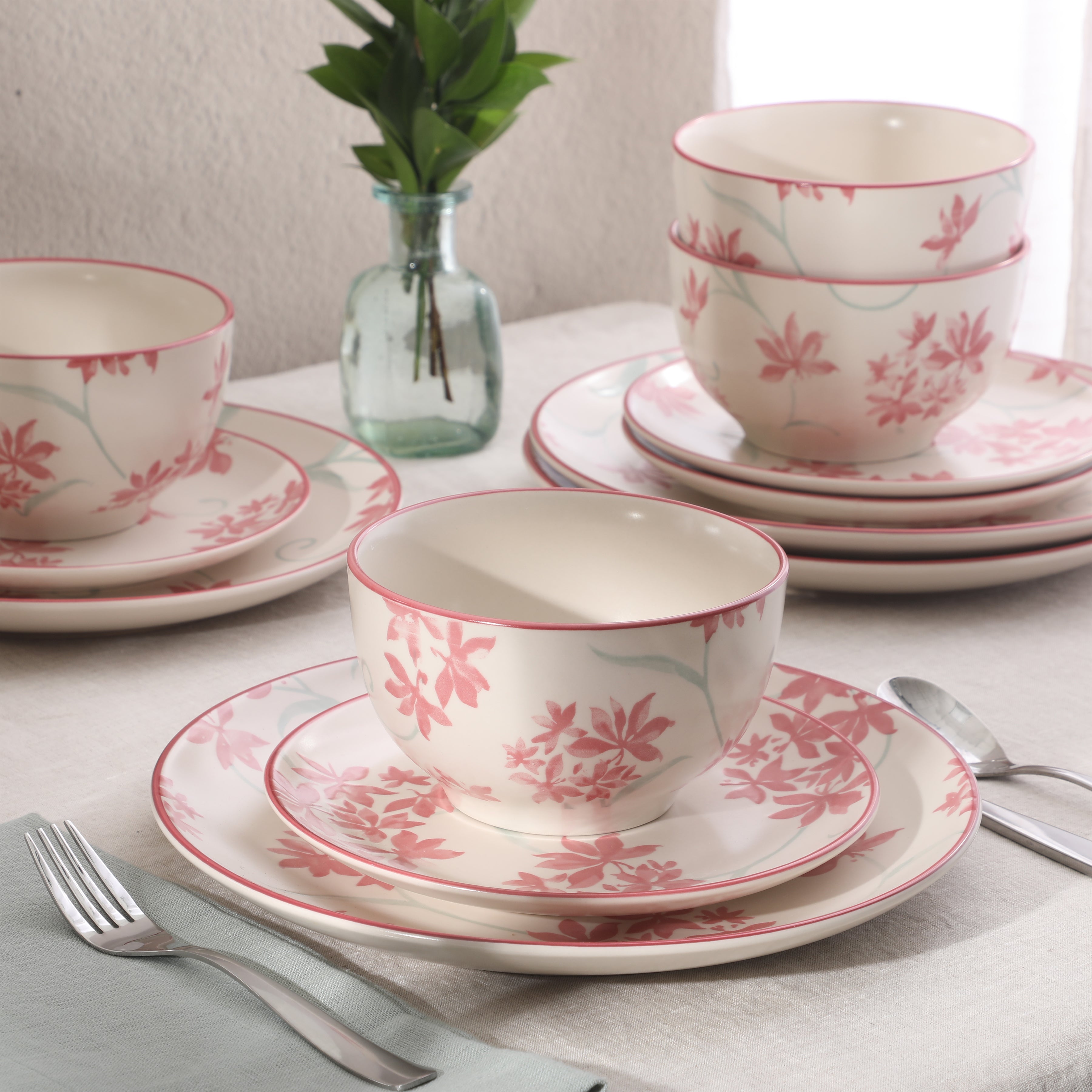Gibson Home Admiral Hall 12-Piece Matte Stoneware Dinnerware Set – Dinner Plates, Salad Plates & Bowls with Pink Floral Pattern, Durable Everyday Dish Set, Microwave & Dishwasher Safe