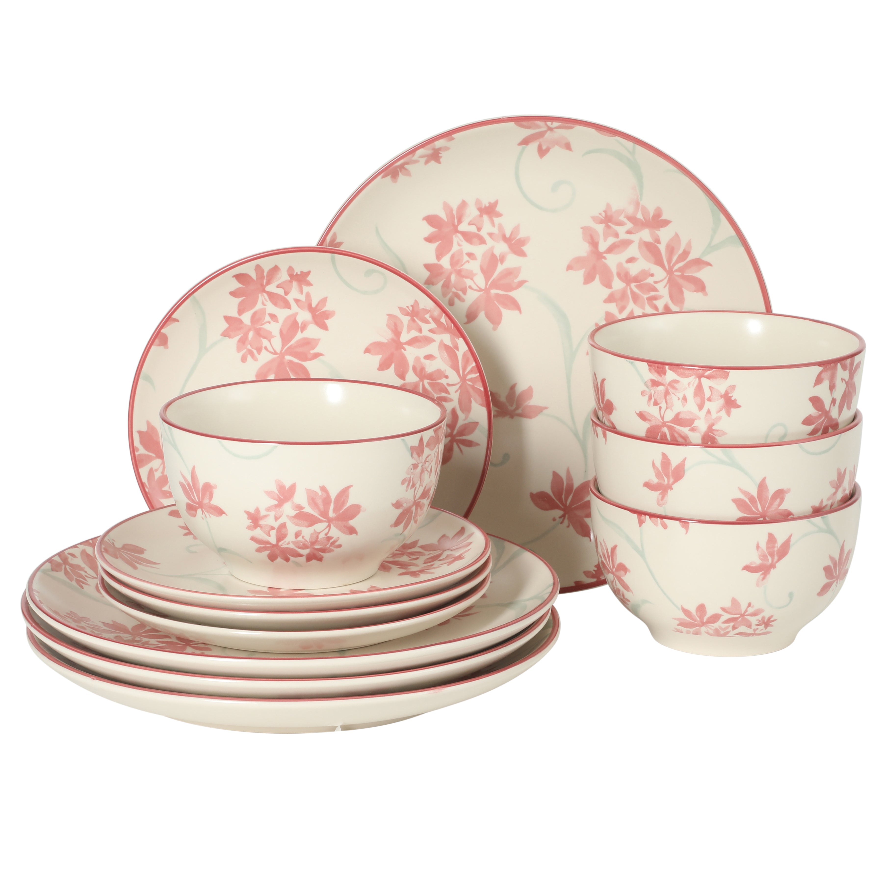 Gibson Home Admiral Hall 12-Piece Matte Stoneware Dinnerware Set – Dinner Plates, Salad Plates & Bowls with Pink Floral Pattern, Durable Everyday Dish Set, Microwave & Dishwasher Safe
