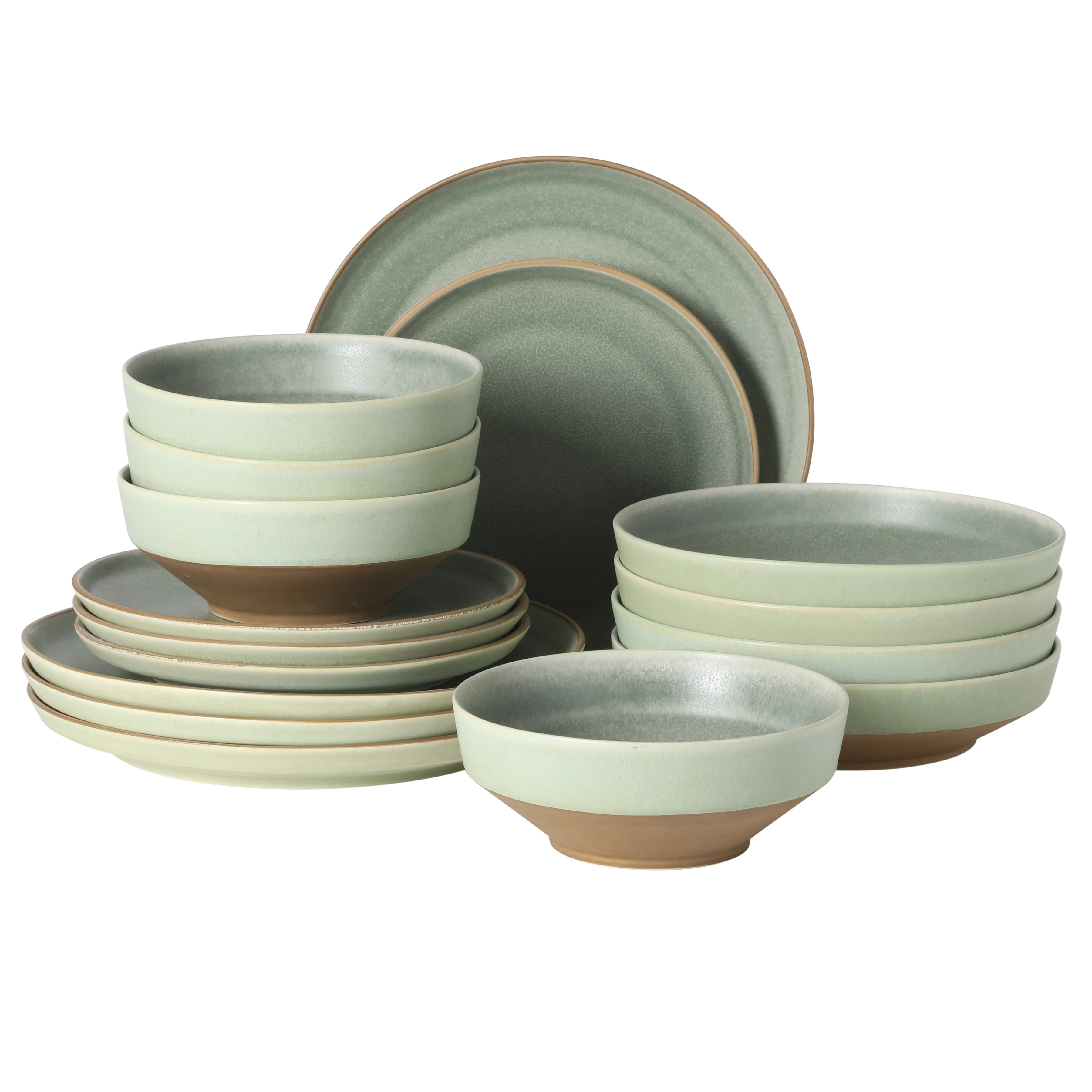 Gibson Elite Octavia Place 16 Piece Stoneware Dinnerware Set, Service for 4, Coupe Modern Plates & Bowls, Reactive Glaze Finish, Green, Microwave & Dishwasher Safe