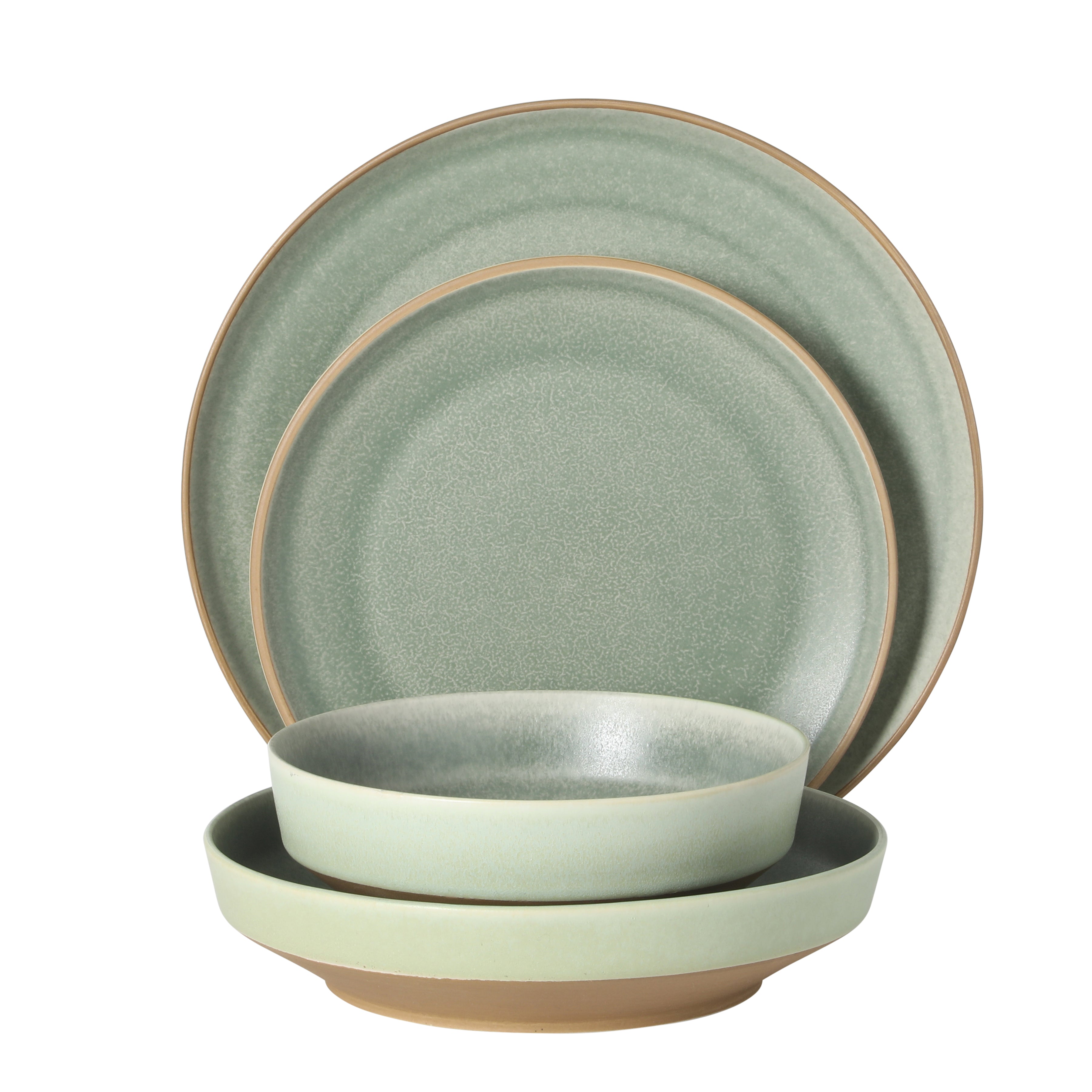 Gibson Elite Octavia Place 16 Piece Stoneware Dinnerware Set, Service for 4, Coupe Modern Plates & Bowls, Reactive Glaze Finish, Green, Microwave & Dishwasher Safe