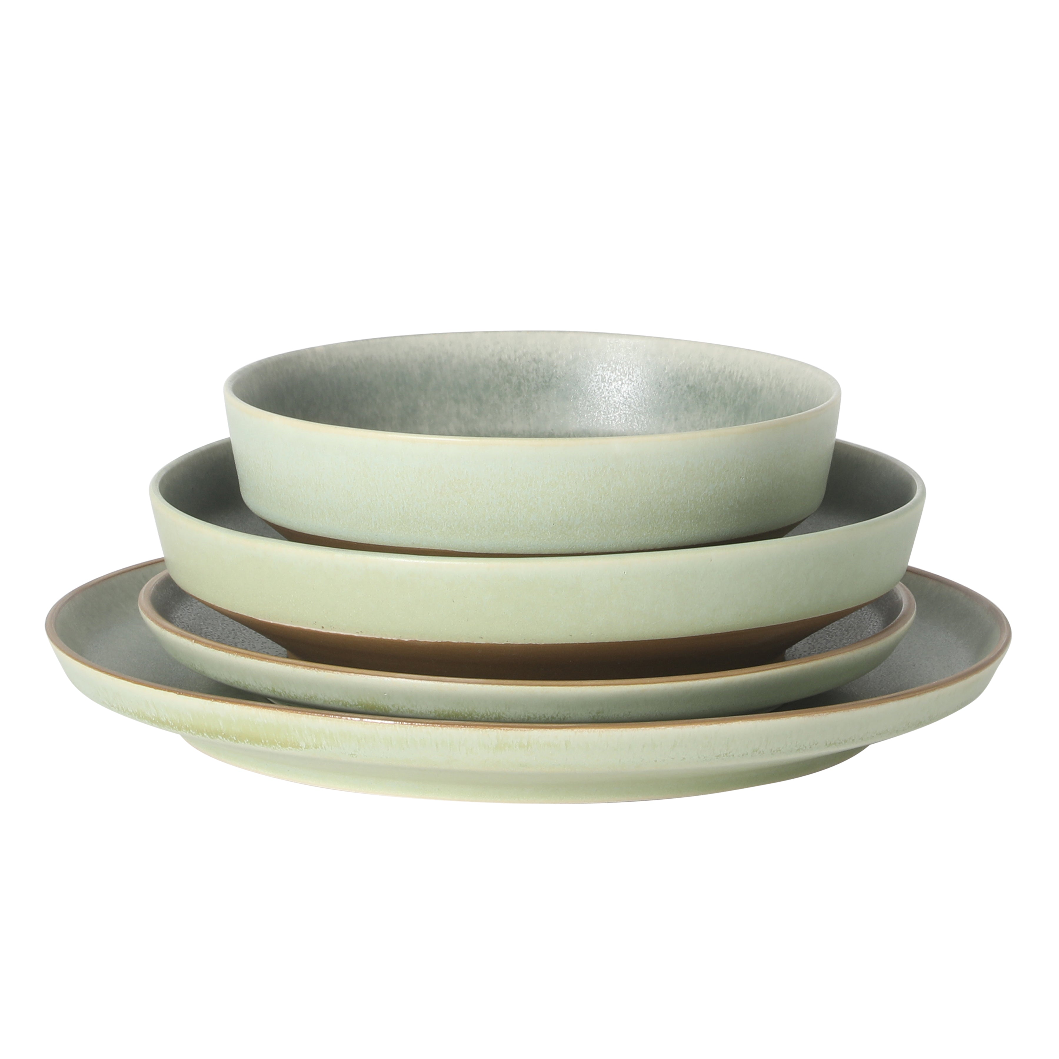 Gibson Elite Octavia Place 16 Piece Stoneware Dinnerware Set, Service for 4, Coupe Modern Plates & Bowls, Reactive Glaze Finish, Green, Microwave & Dishwasher Safe