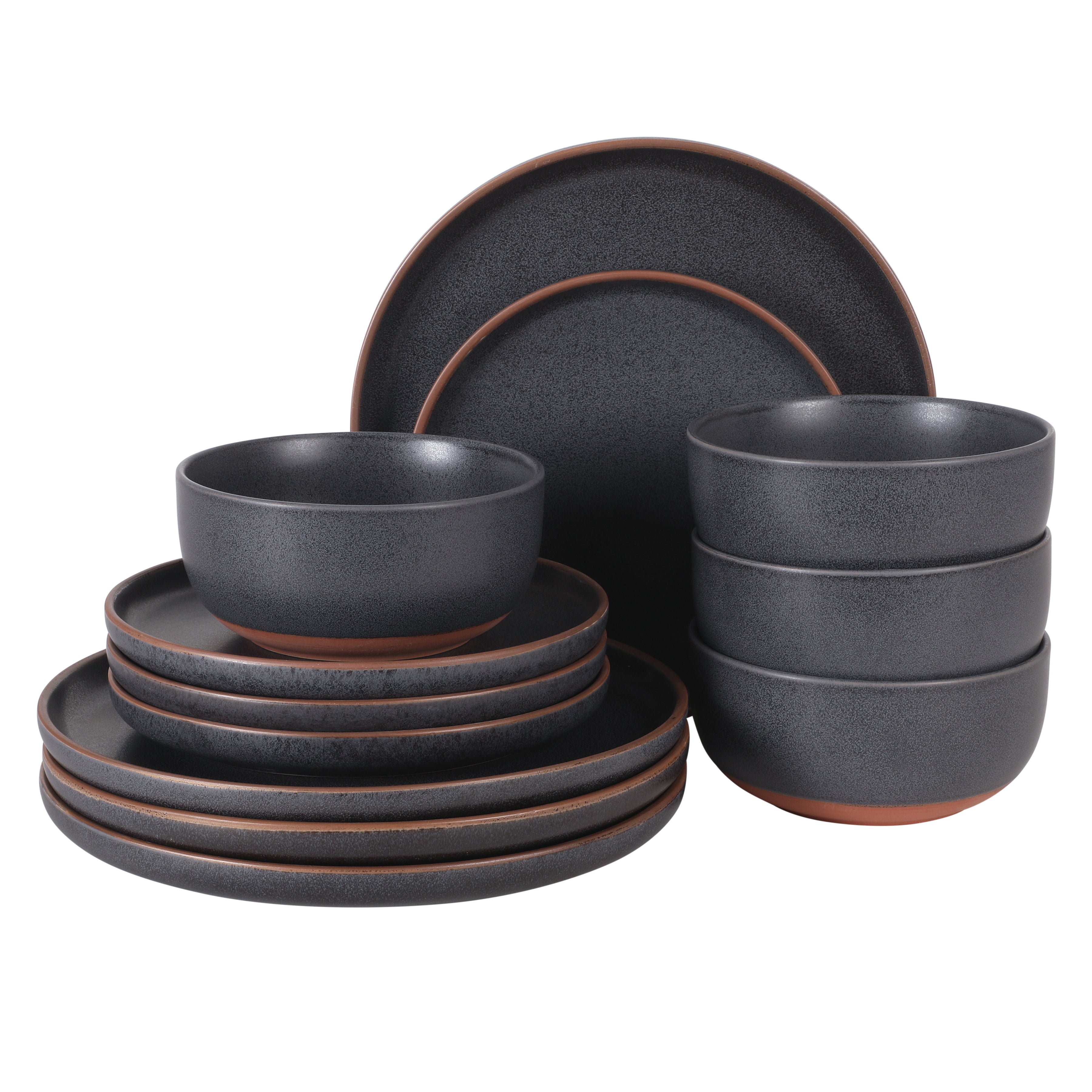 Gibson Elite Abbey Circle 12 Piece (Service for 4) Plates and Bowls Reactive Matte Glaze Dishes Stoneware Ceramic Dinnerware Set