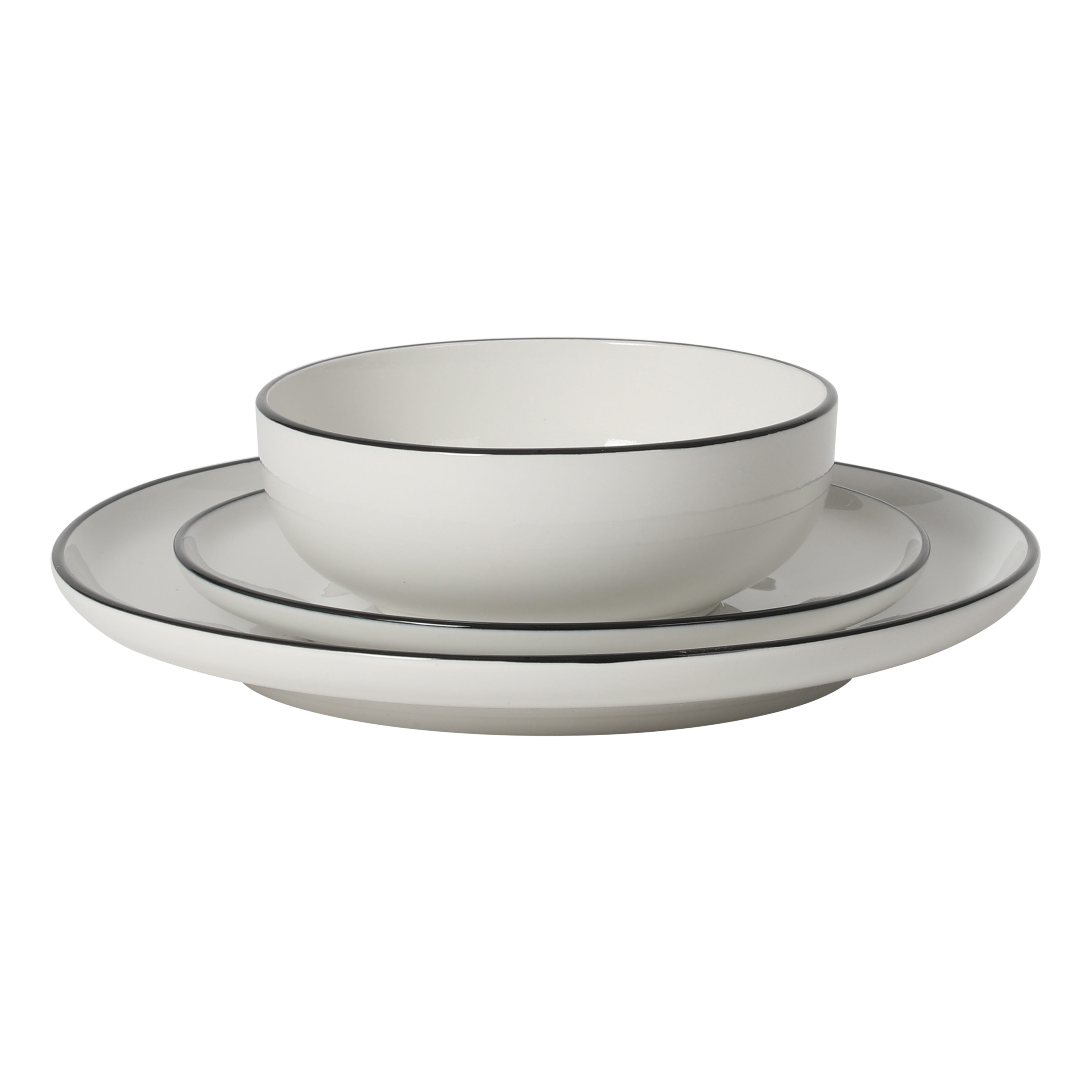 Gibson Home Havenstone 12-Piece Porcelain Dinnerware Set – Dinner Plates, Salad Plates & Bowls, Classic White With Black Rim Everyday Dish Set for Home, Kitchen, Microwave & Dishwasher Safe