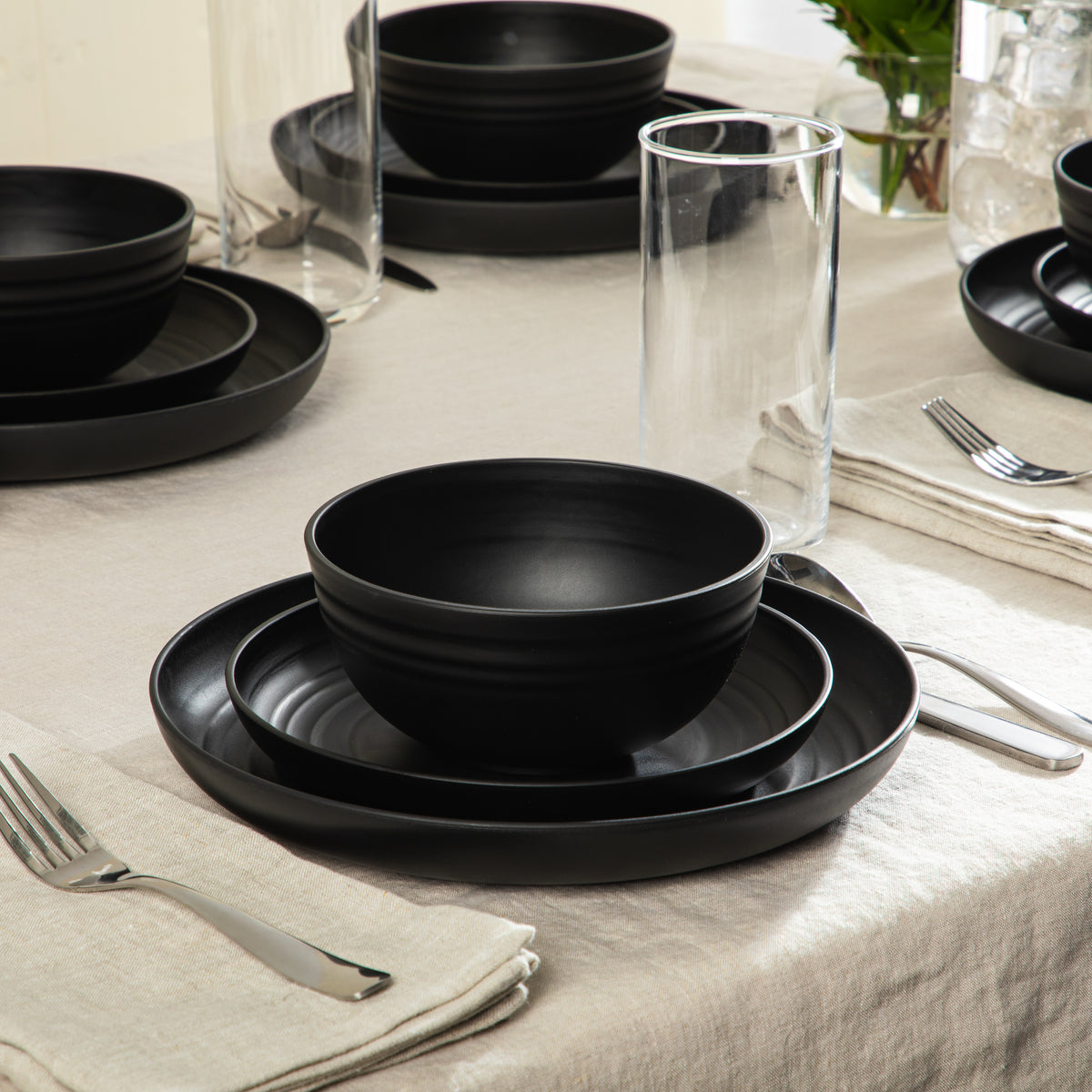 Gibson Home Carmel Haze Plates and Bowls Set, 12 Piece Wheat Straw Dinnerware with Tumblers, Set for 4, Unbreakable & Lightweight, Dishwasher Safe, Matte Black