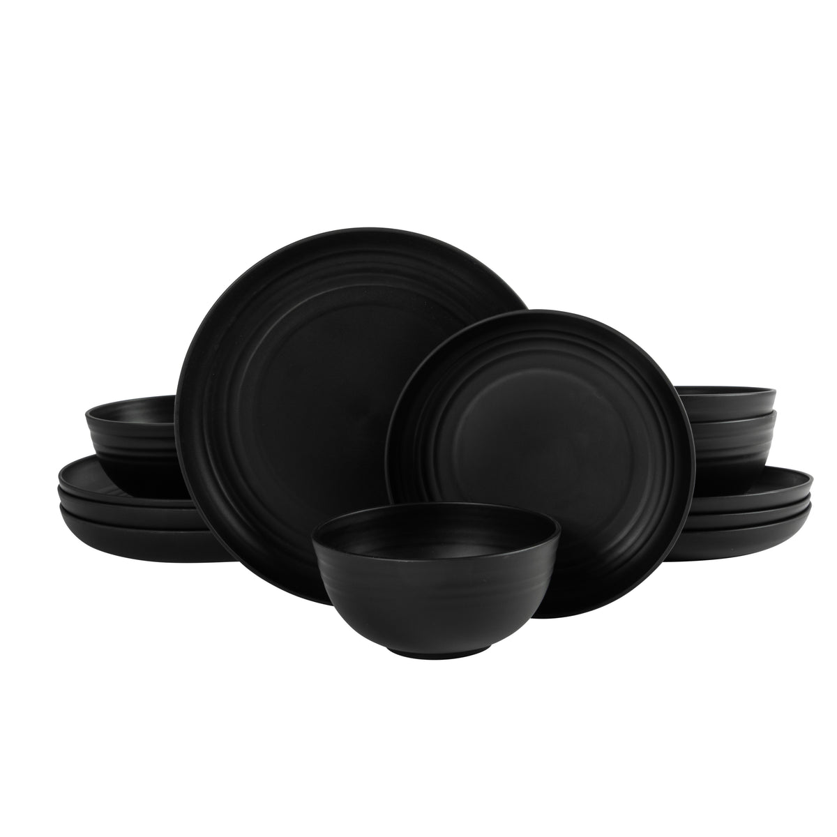 Gibson Home Carmel Haze Plates and Bowls Set, 12 Piece Wheat Straw Dinnerware with Tumblers, Set for 4, Unbreakable & Lightweight, Dishwasher Safe, Matte Black