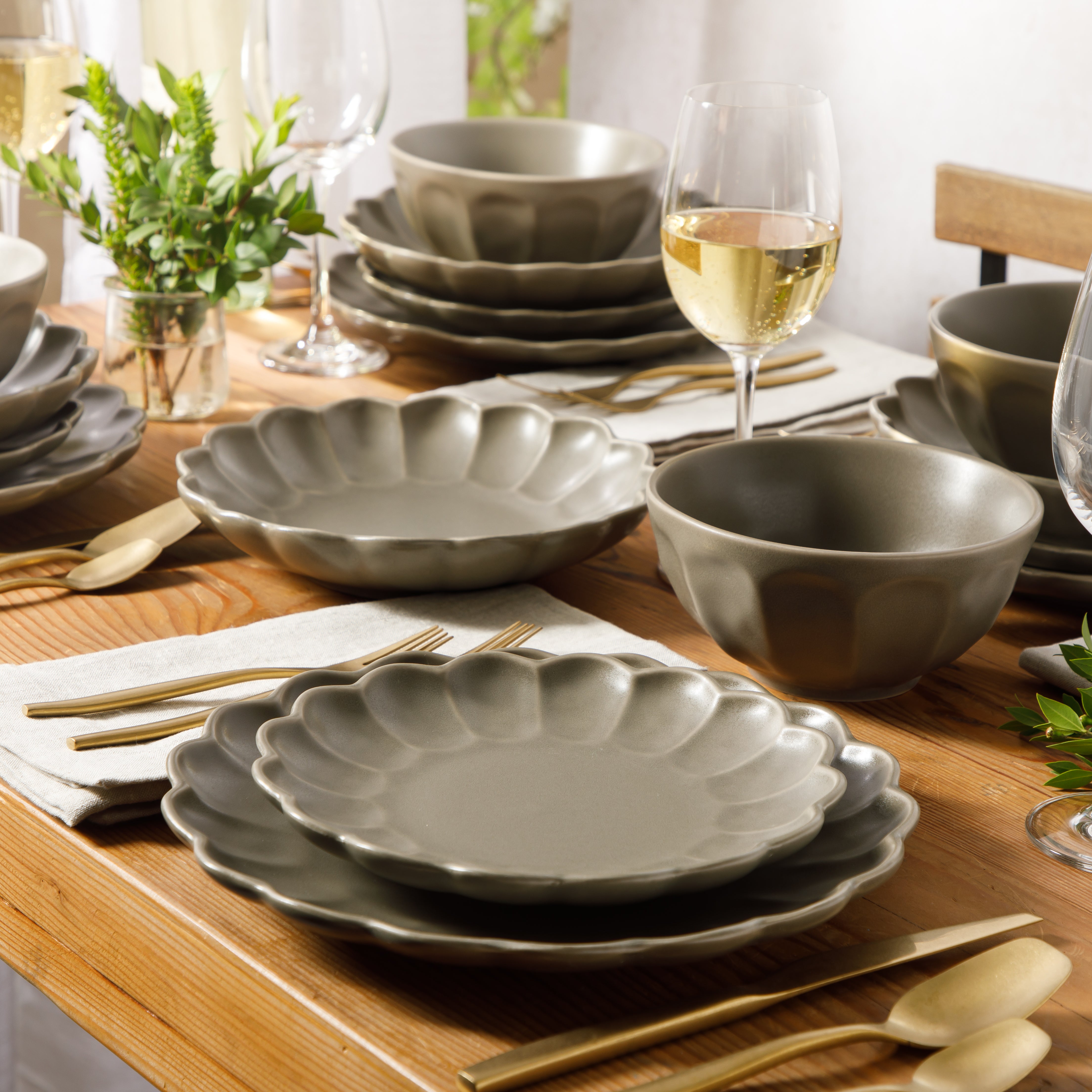 Bloomhouse Plates and Bowls Set, 16 Piece Stoneware Dinnerware for 4, Scallop Embossed, Oprah's Favorite Things, Dishwasher & Microwave Safe, Black