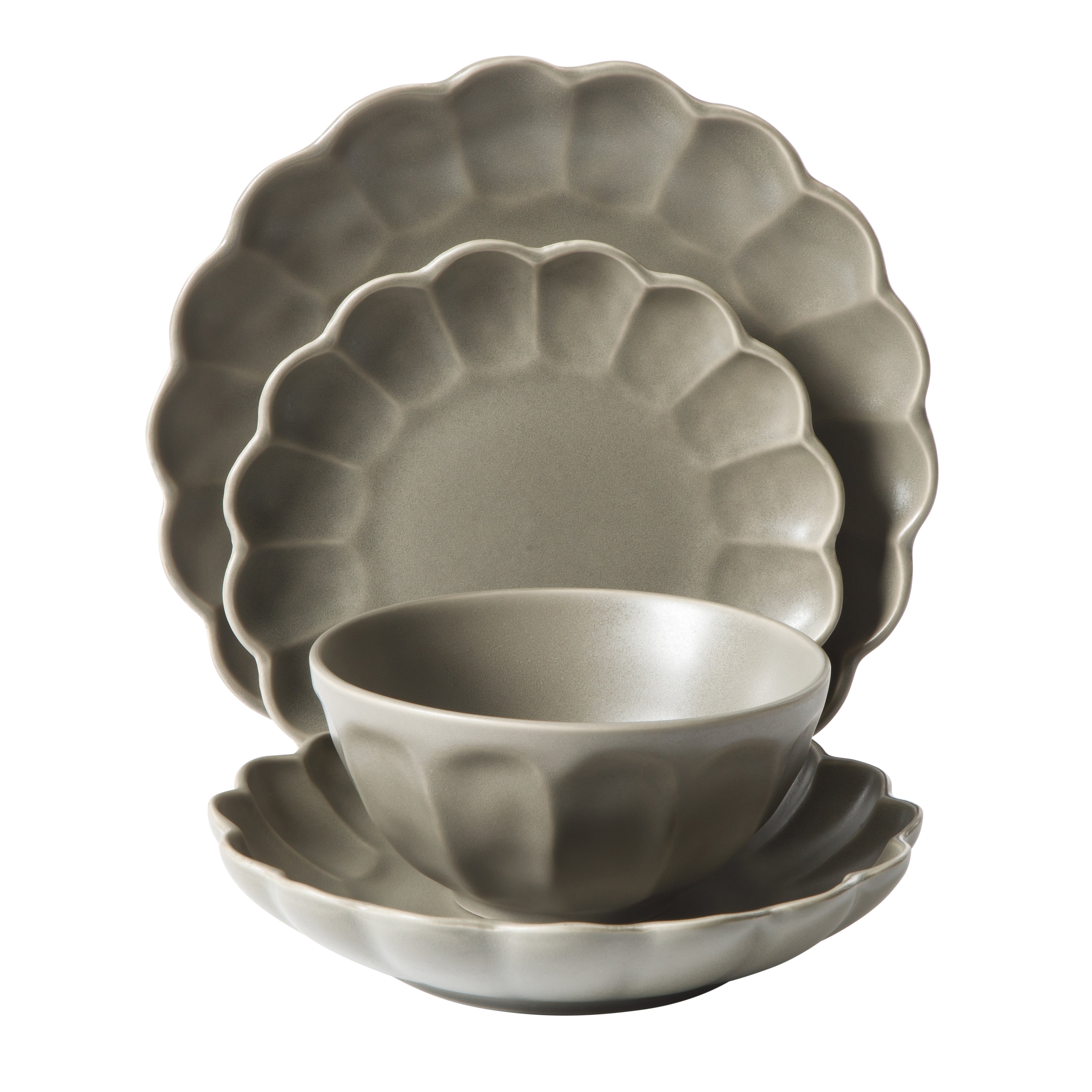 Bloomhouse Plates and Bowls Set, 16 Piece Stoneware Dinnerware for 4, Scallop Embossed, Oprah's Favorite Things, Dishwasher & Microwave Safe, Black