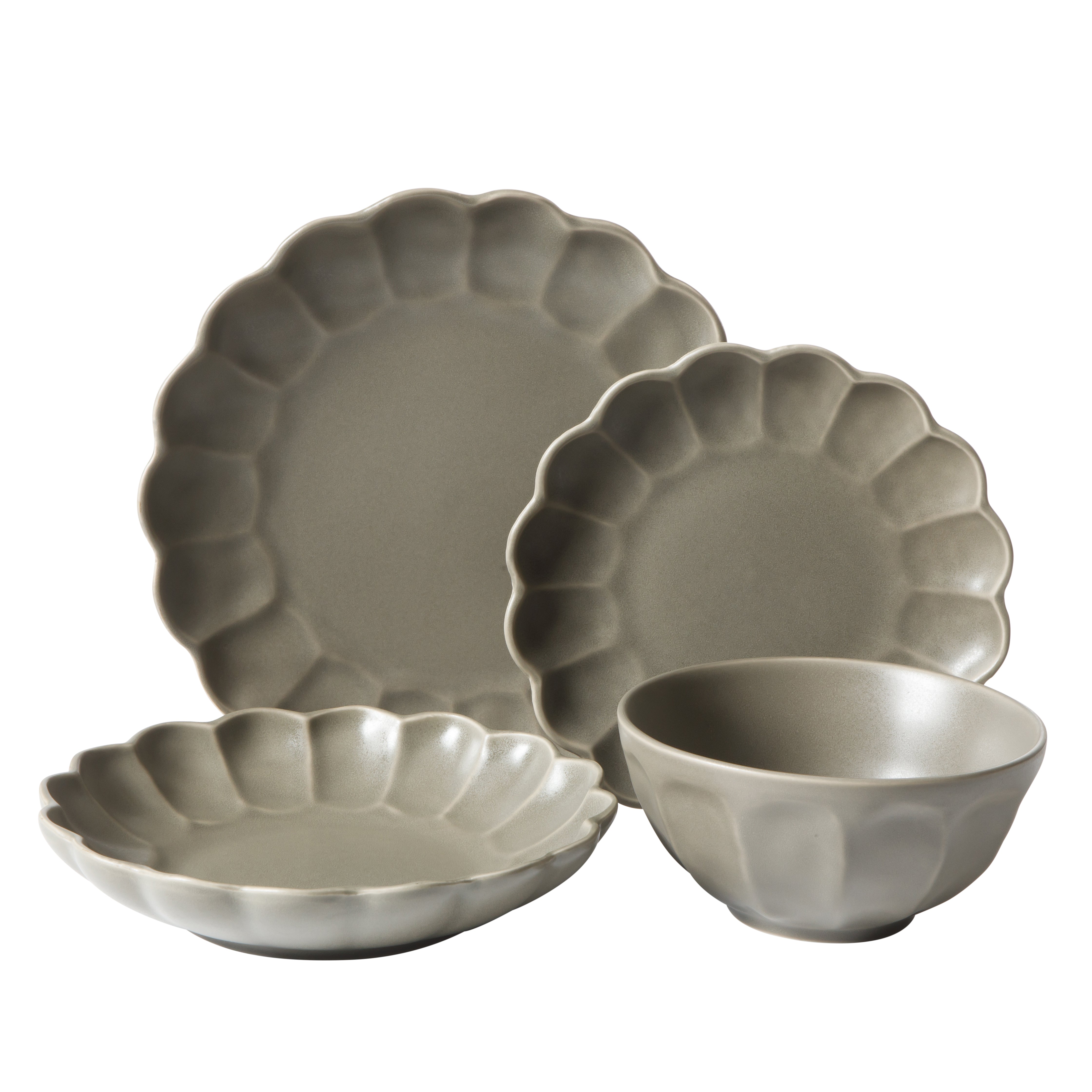 Bloomhouse Plates and Bowls Set, 16 Piece Stoneware Dinnerware for 4, Scallop Embossed, Oprah's Favorite Things, Dishwasher & Microwave Safe, Black
