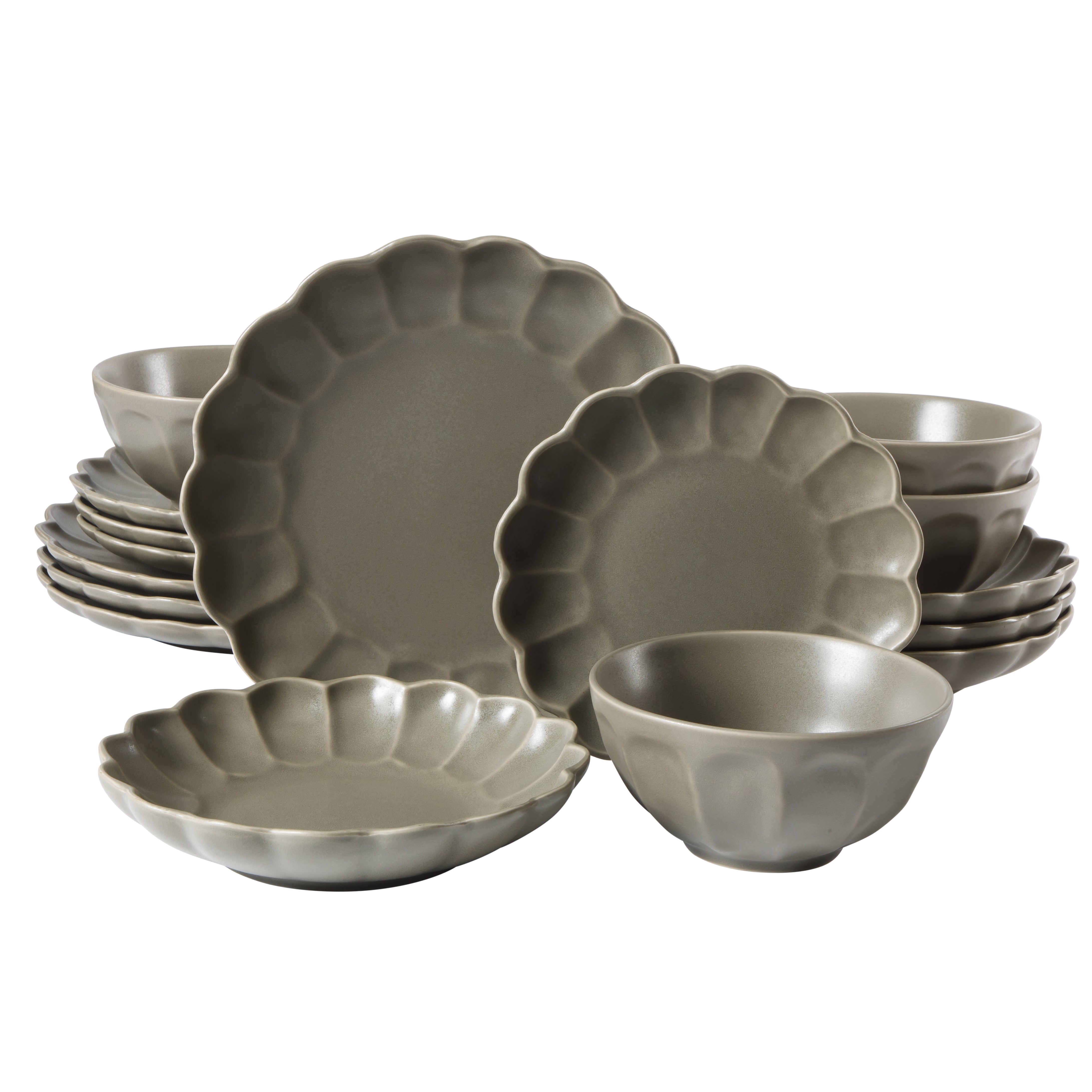 Bloomhouse Plates and Bowls Set, 16 Piece Stoneware Dinnerware for 4, Scallop Embossed, Oprah's Favorite Things, Dishwasher & Microwave Safe, Black