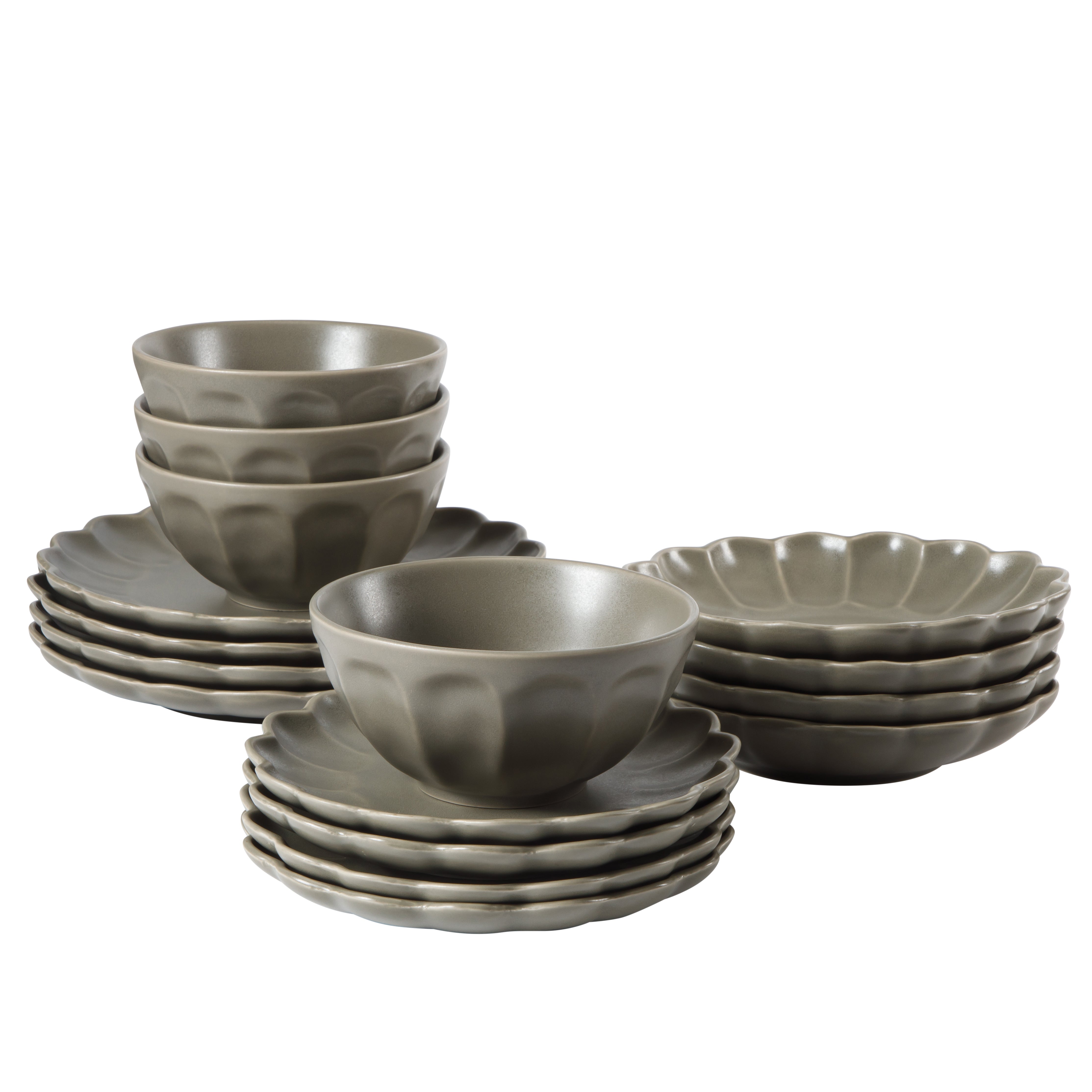 Bloomhouse Plates and Bowls Set, 16 Piece Stoneware Dinnerware for 4, Scallop Embossed, Oprah's Favorite Things, Dishwasher & Microwave Safe, Black