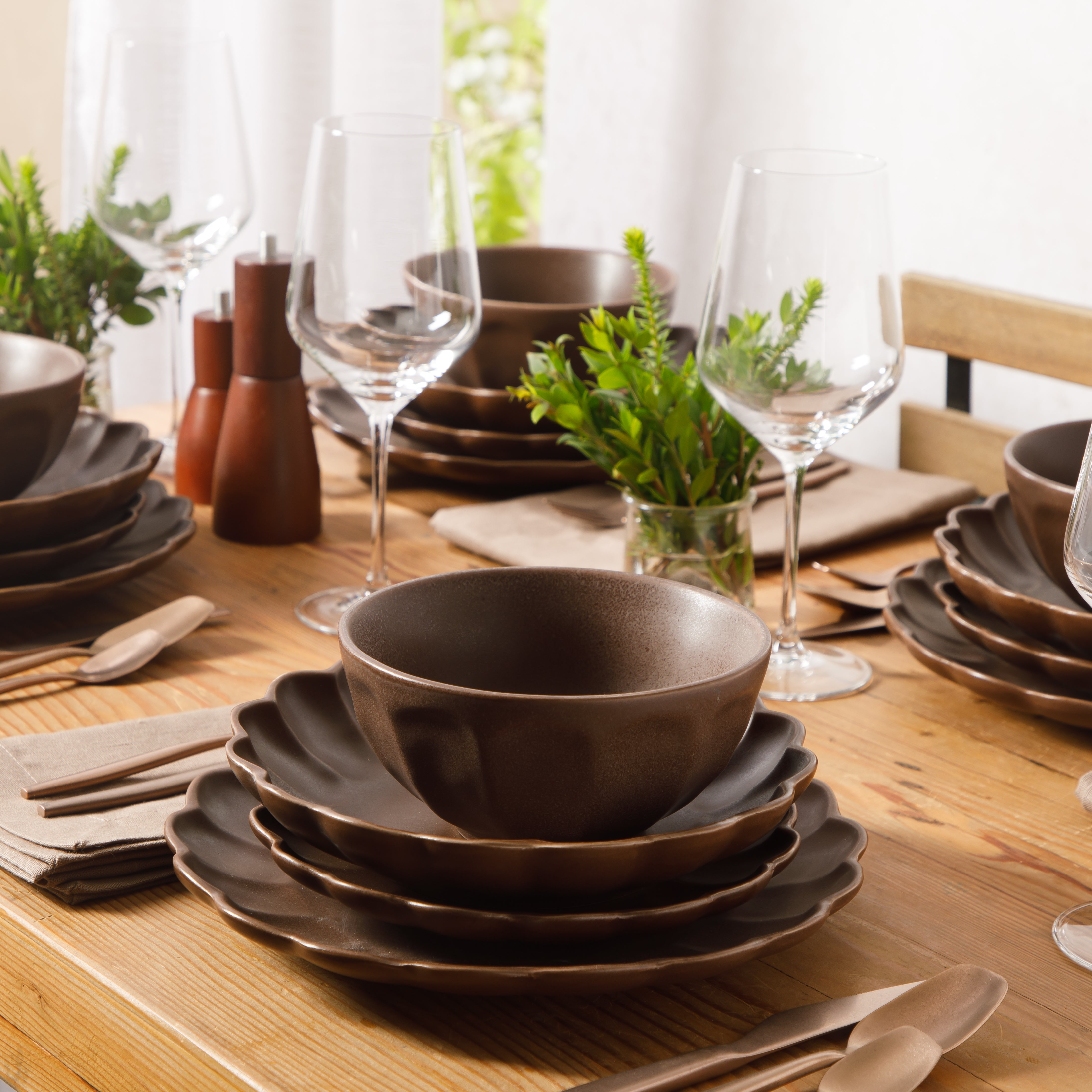 Bloomhouse Plates and Bowls Set, 16 Piece Stoneware Dinnerware for 4, Scallop Embossed, Oprah's Favorite Things, Dishwasher & Microwave Safe, Black