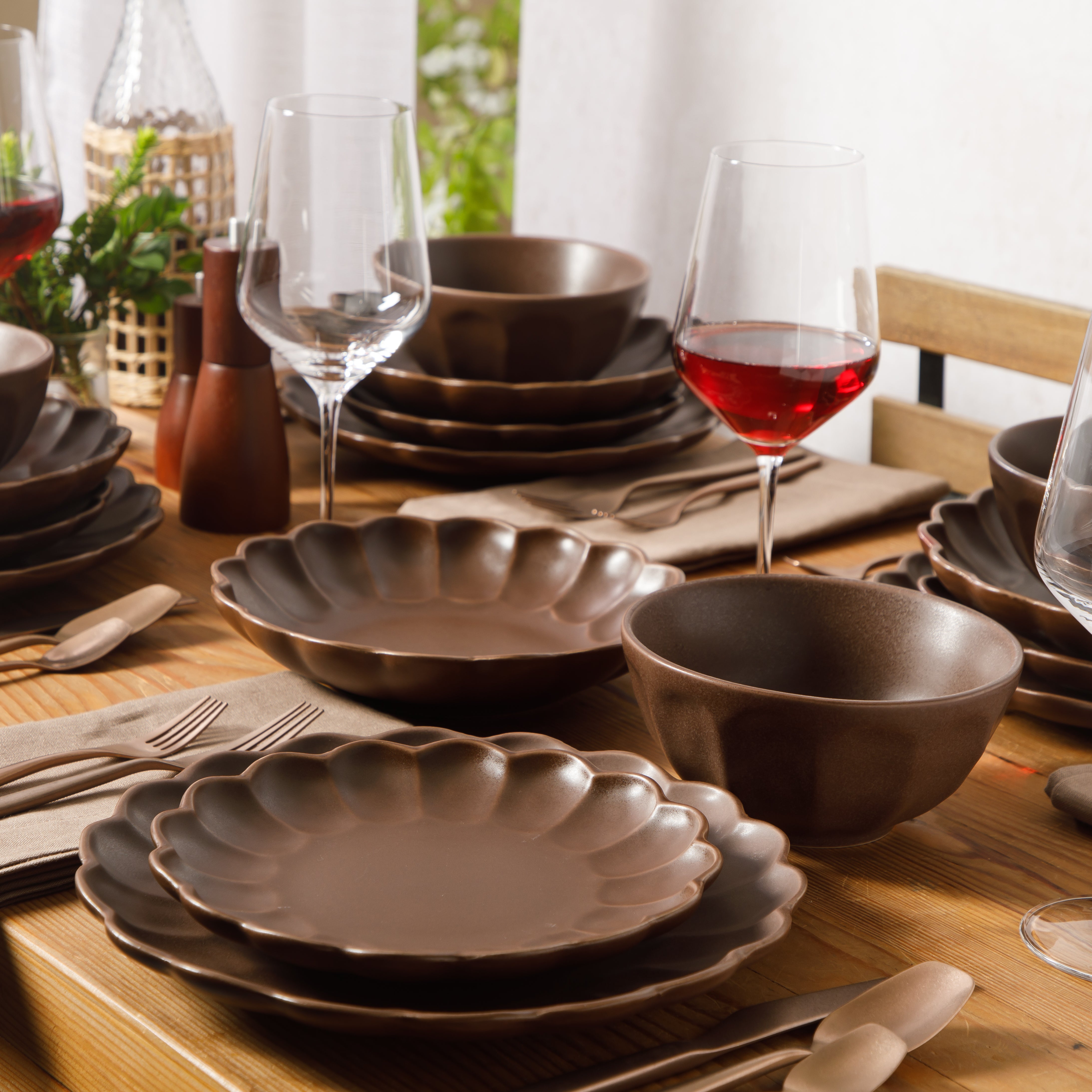 Bloomhouse Plates and Bowls Set, 16 Piece Stoneware Dinnerware for 4, Scallop Embossed, Oprah's Favorite Things, Dishwasher & Microwave Safe, Black