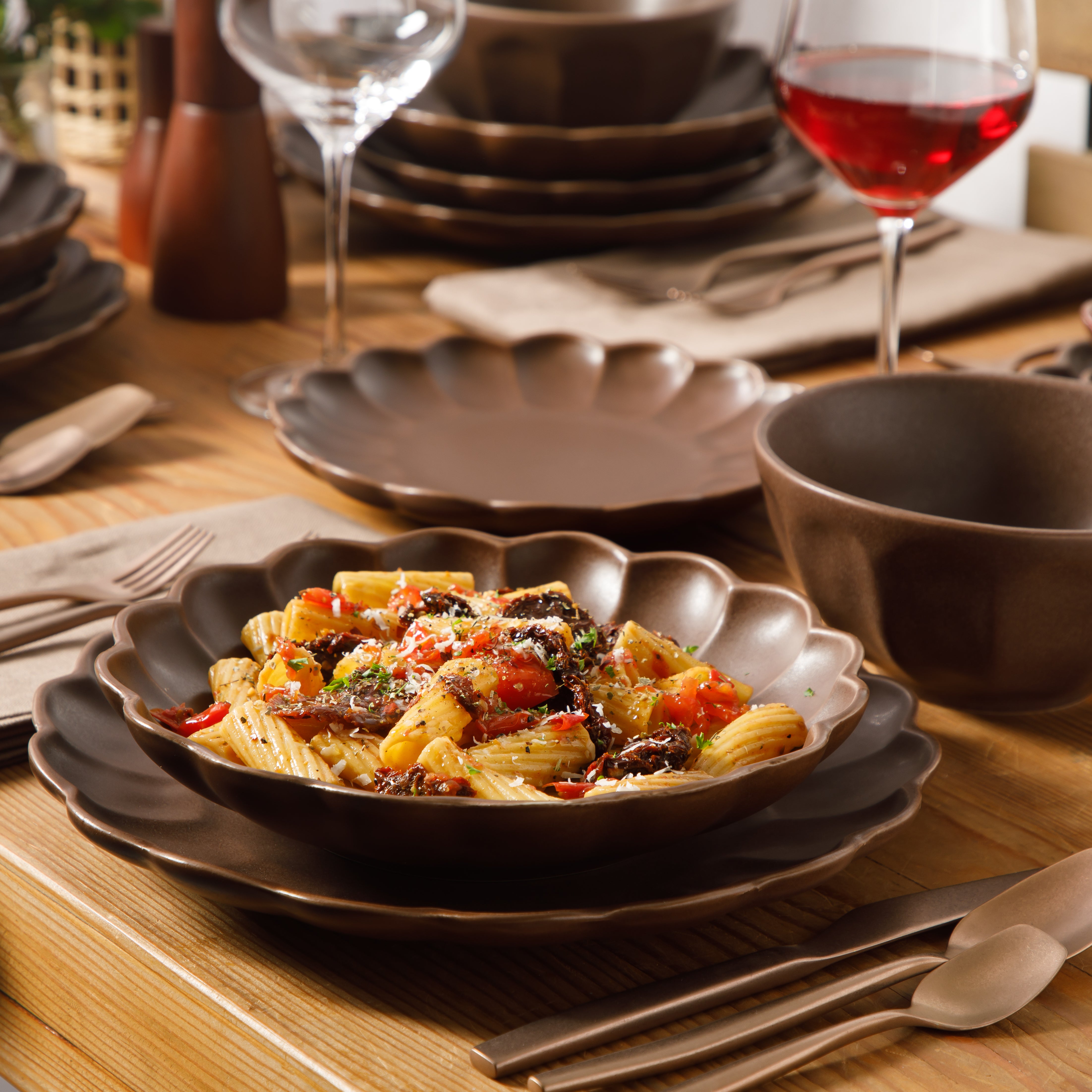 Bloomhouse Plates and Bowls Set, 16 Piece Stoneware Dinnerware for 4, Scallop Embossed, Oprah's Favorite Things, Dishwasher & Microwave Safe, Black