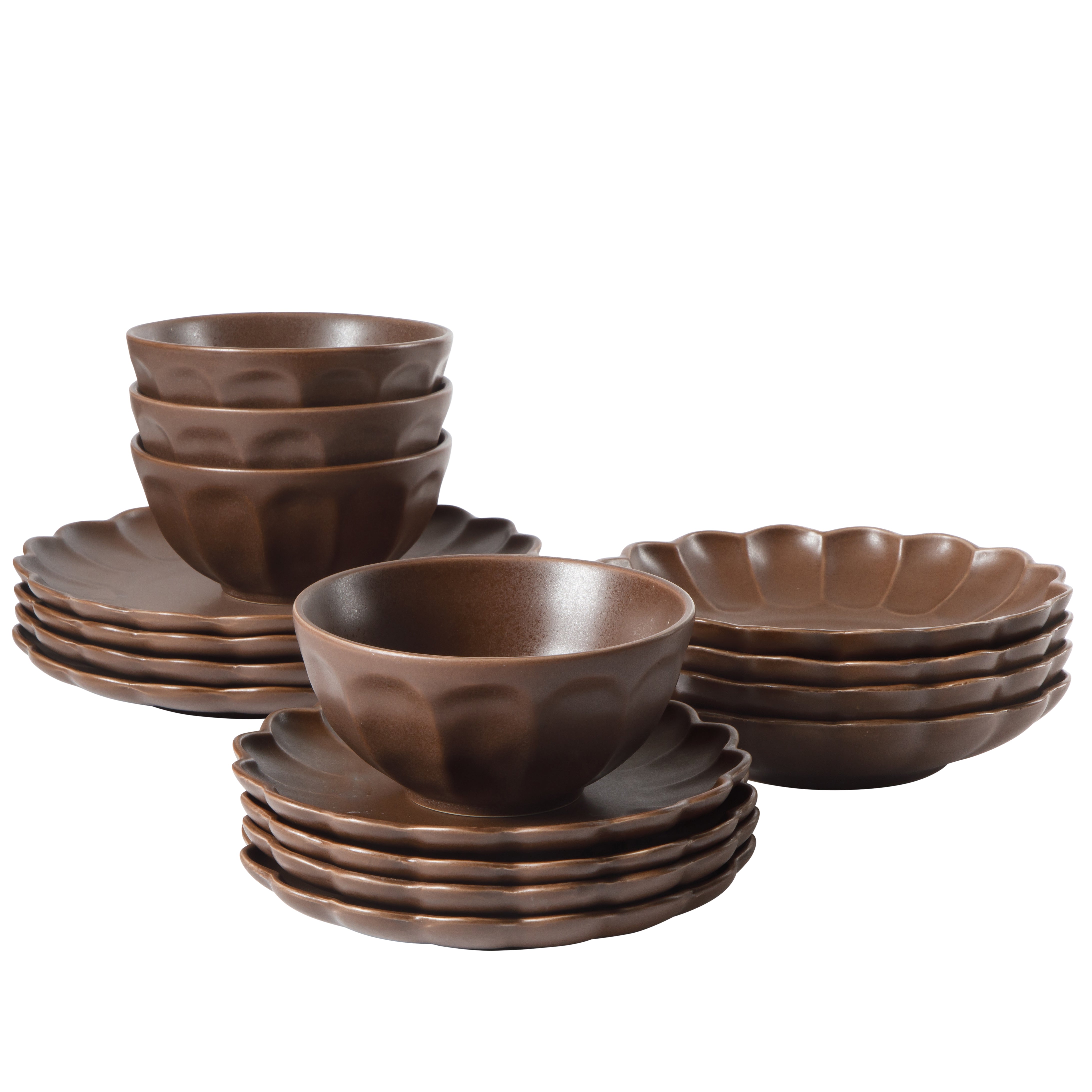 Bloomhouse Plates and Bowls Set, 16 Piece Stoneware Dinnerware for 4, Scallop Embossed, Oprah's Favorite Things, Dishwasher & Microwave Safe, Black