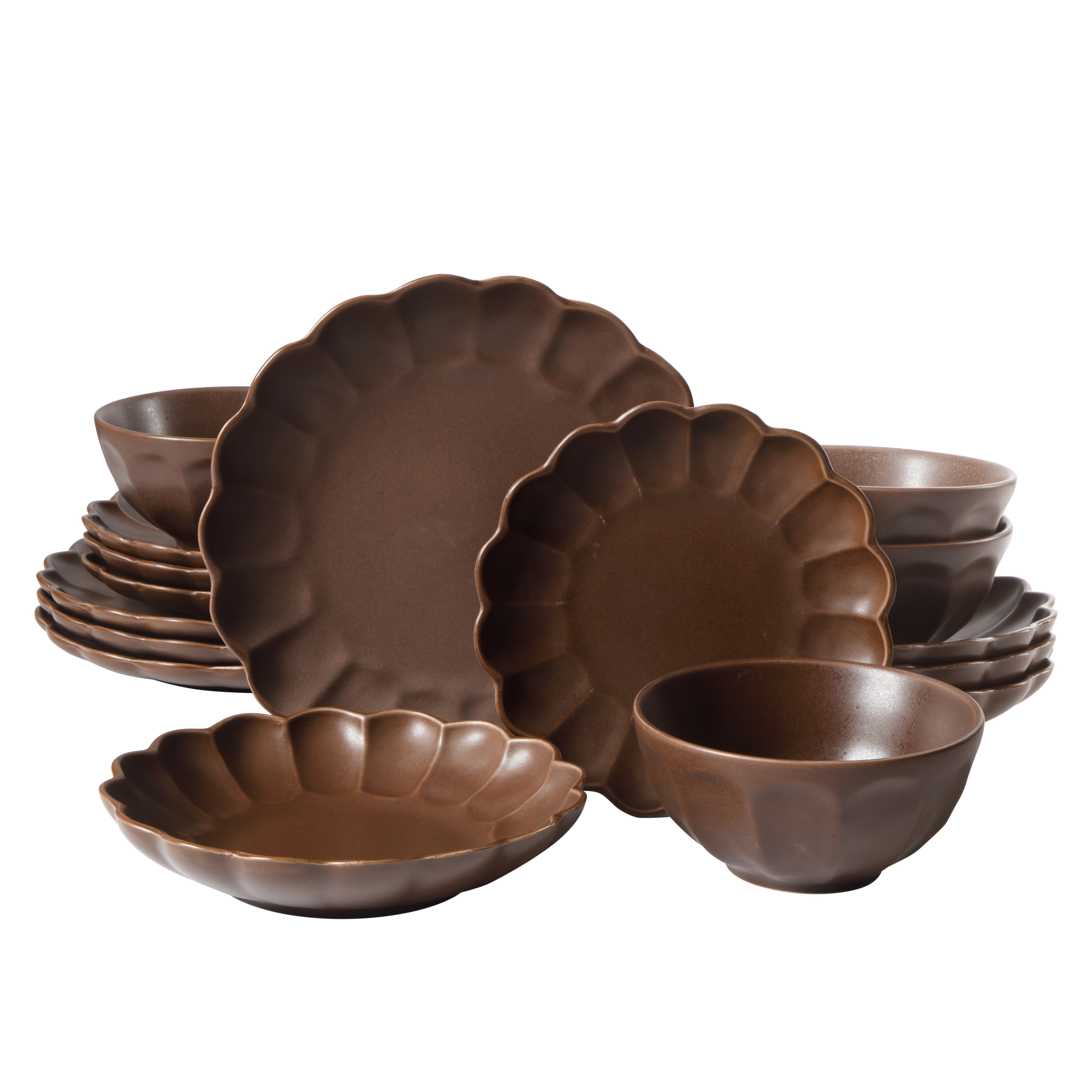 Bloomhouse Plates and Bowls Set, 16 Piece Stoneware Dinnerware for 4, Scallop Embossed, Oprah's Favorite Things, Dishwasher & Microwave Safe, Black