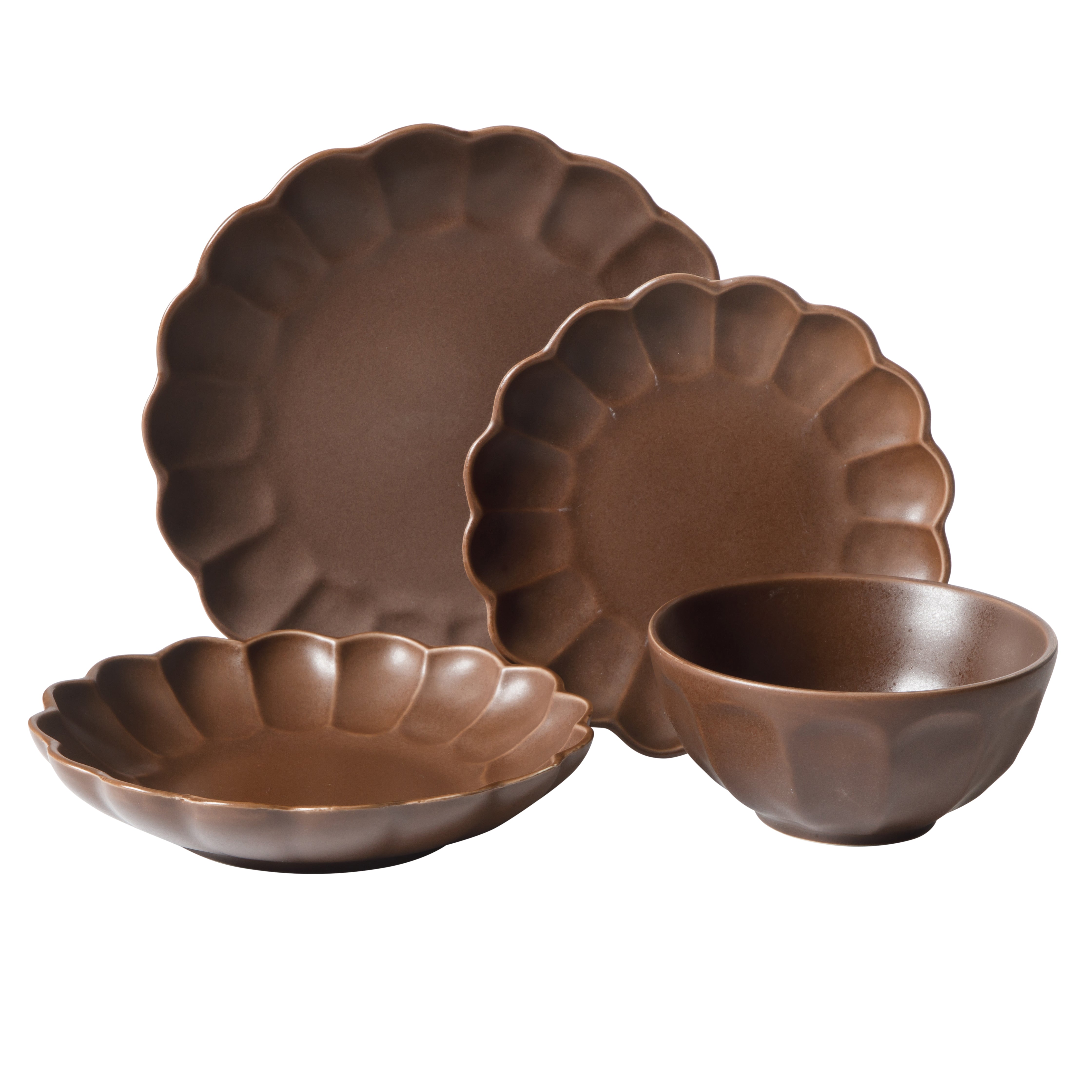 Bloomhouse Plates and Bowls Set, 16 Piece Stoneware Dinnerware for 4, Scallop Embossed, Oprah's Favorite Things, Dishwasher & Microwave Safe, Black