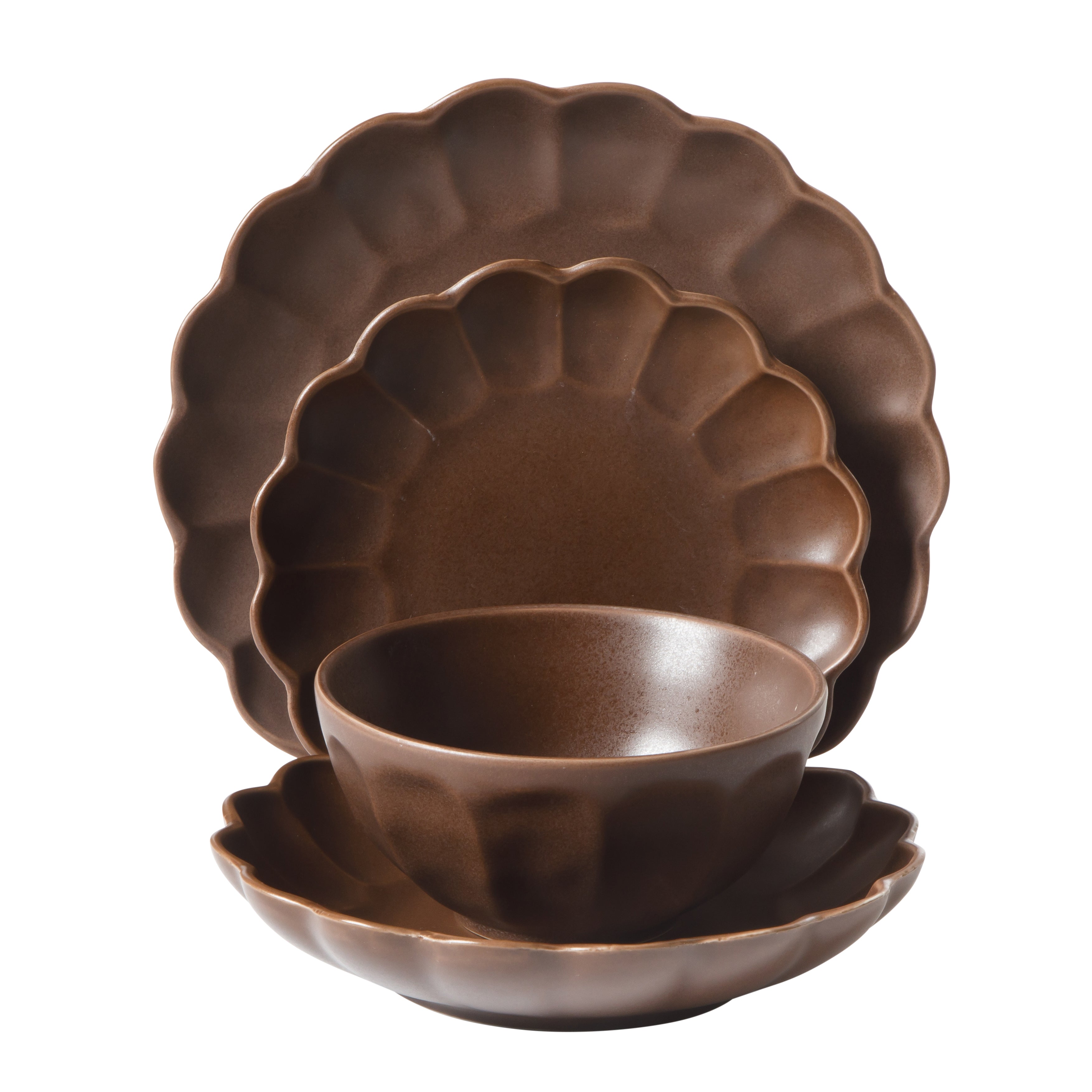 Bloomhouse Plates and Bowls Set, 16 Piece Stoneware Dinnerware for 4, Scallop Embossed, Oprah's Favorite Things, Dishwasher & Microwave Safe, Black