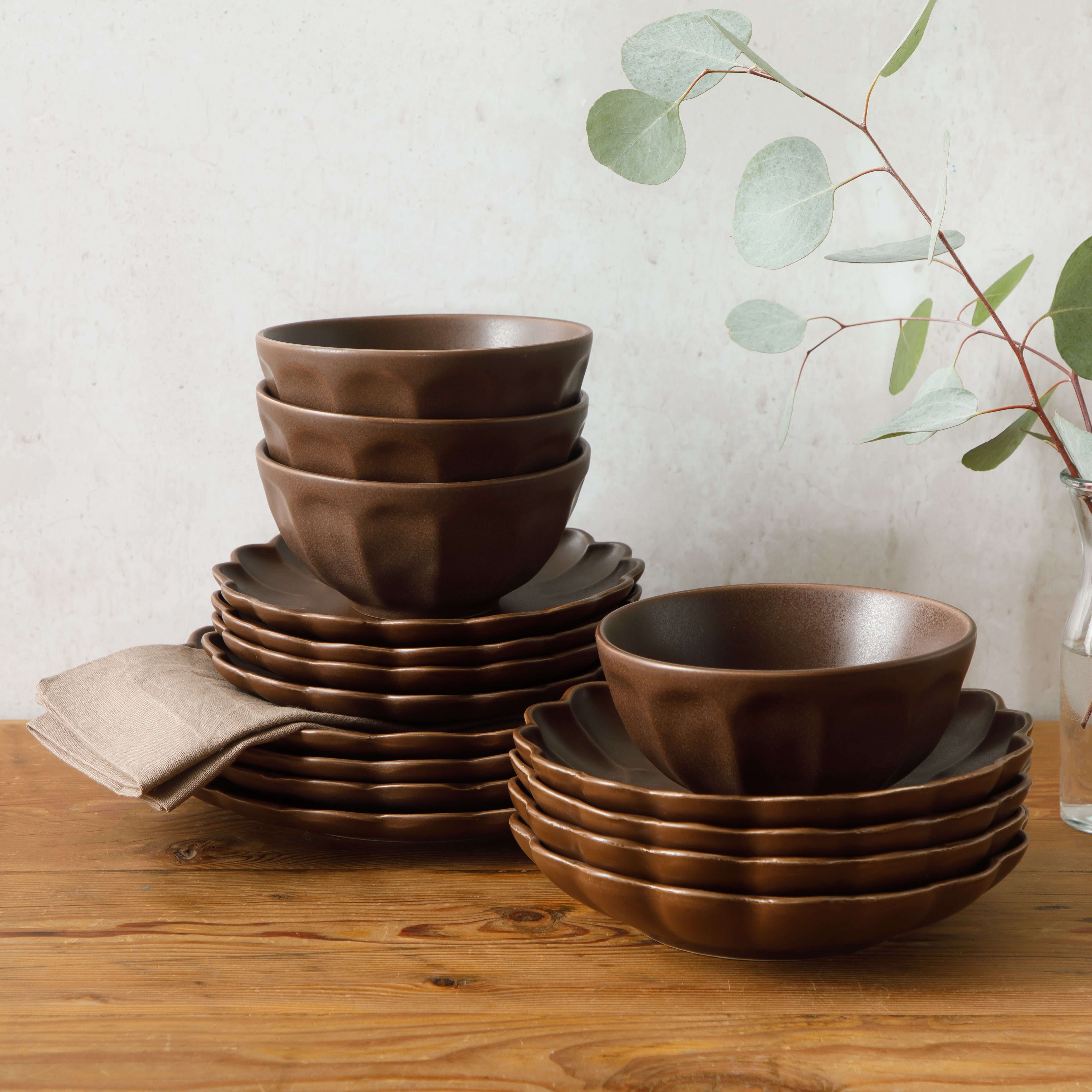 Bloomhouse Plates and Bowls Set, 16 Piece Stoneware Dinnerware for 4, Scallop Embossed, Oprah's Favorite Things, Dishwasher & Microwave Safe, Black