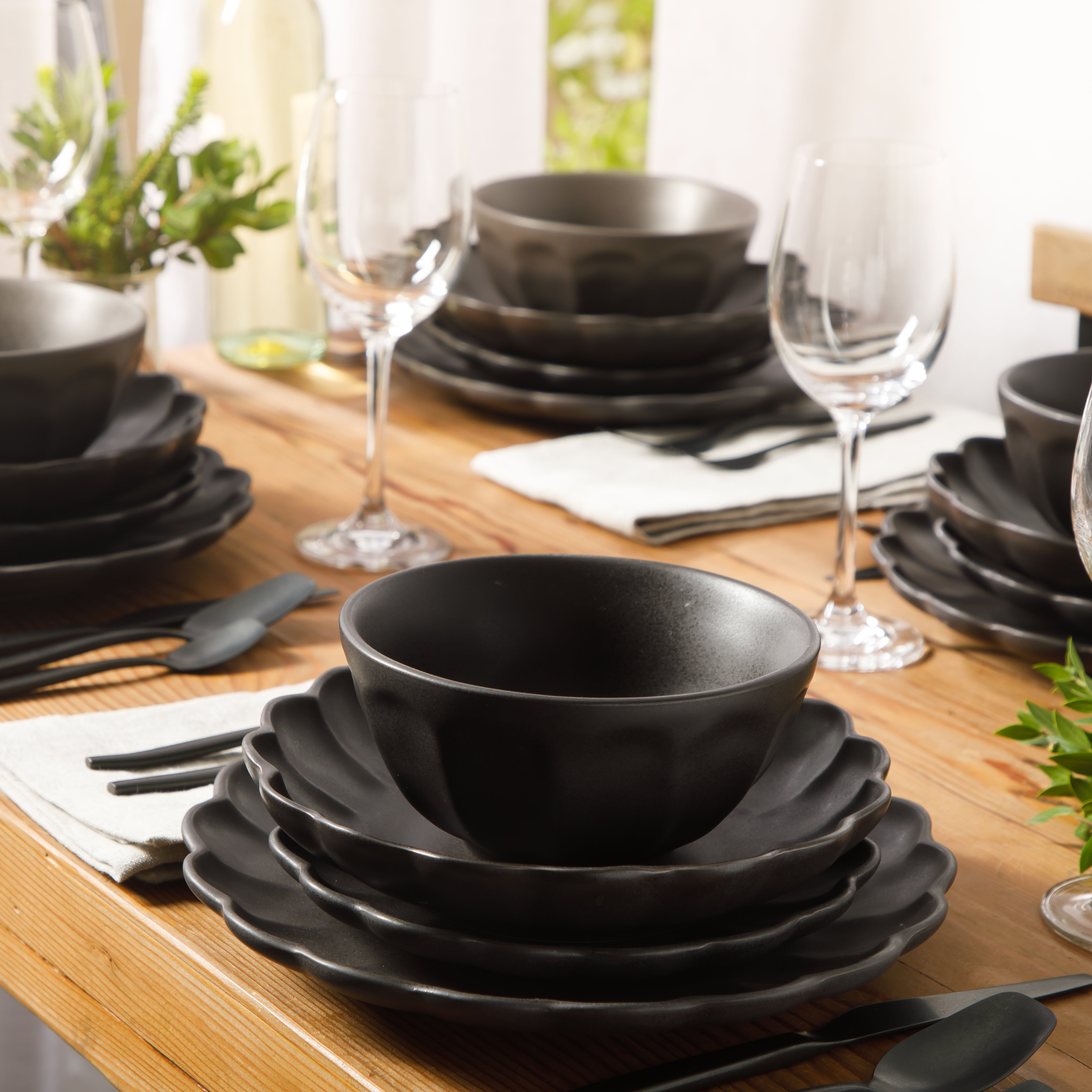 Bloomhouse Plates and Bowls Set, 16 Piece Stoneware Dinnerware for 4, Scallop Embossed, Oprah's Favorite Things, Dishwasher & Microwave Safe, Black