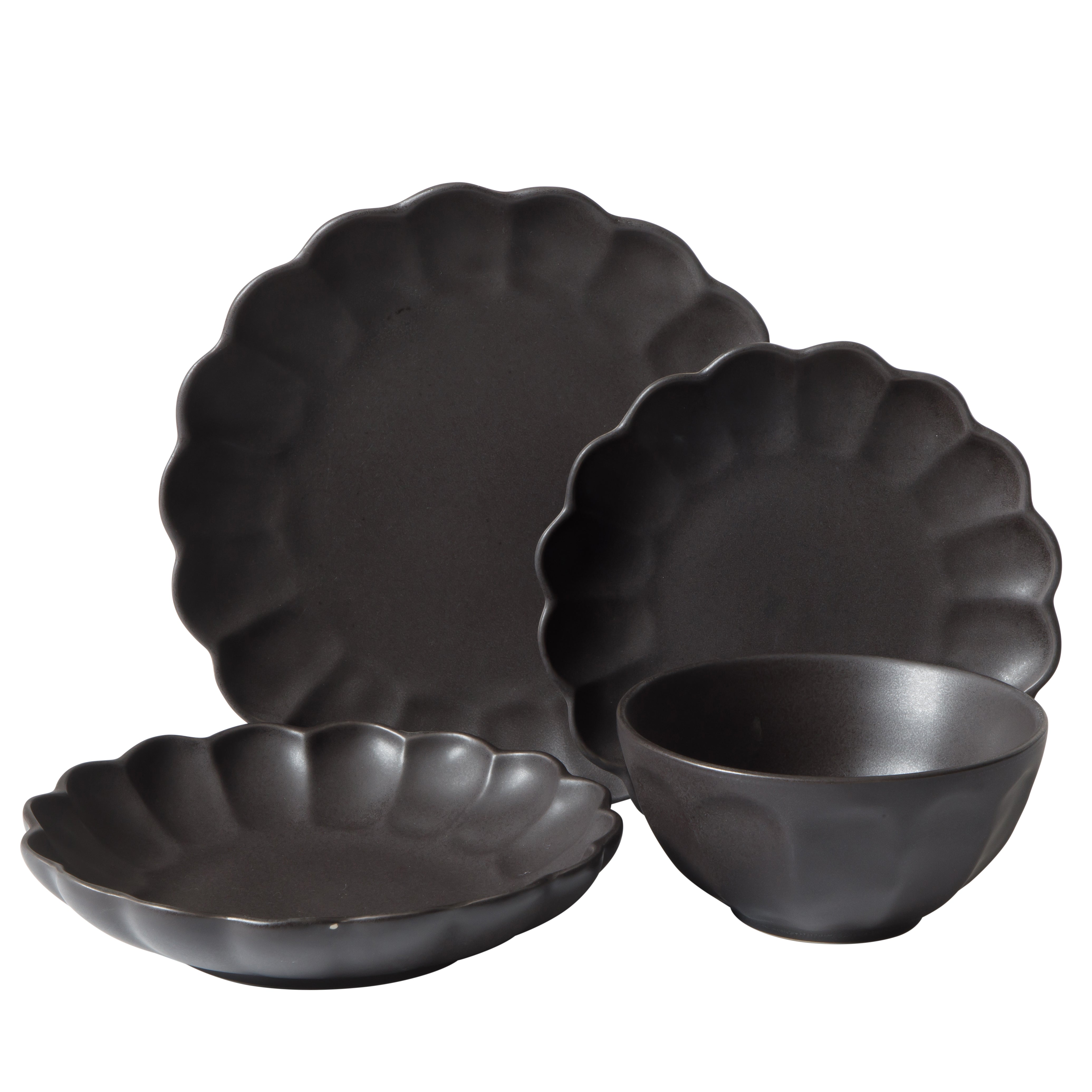 Bloomhouse Plates and Bowls Set, 16 Piece Stoneware Dinnerware for 4, Scallop Embossed, Oprah's Favorite Things, Dishwasher & Microwave Safe, Black