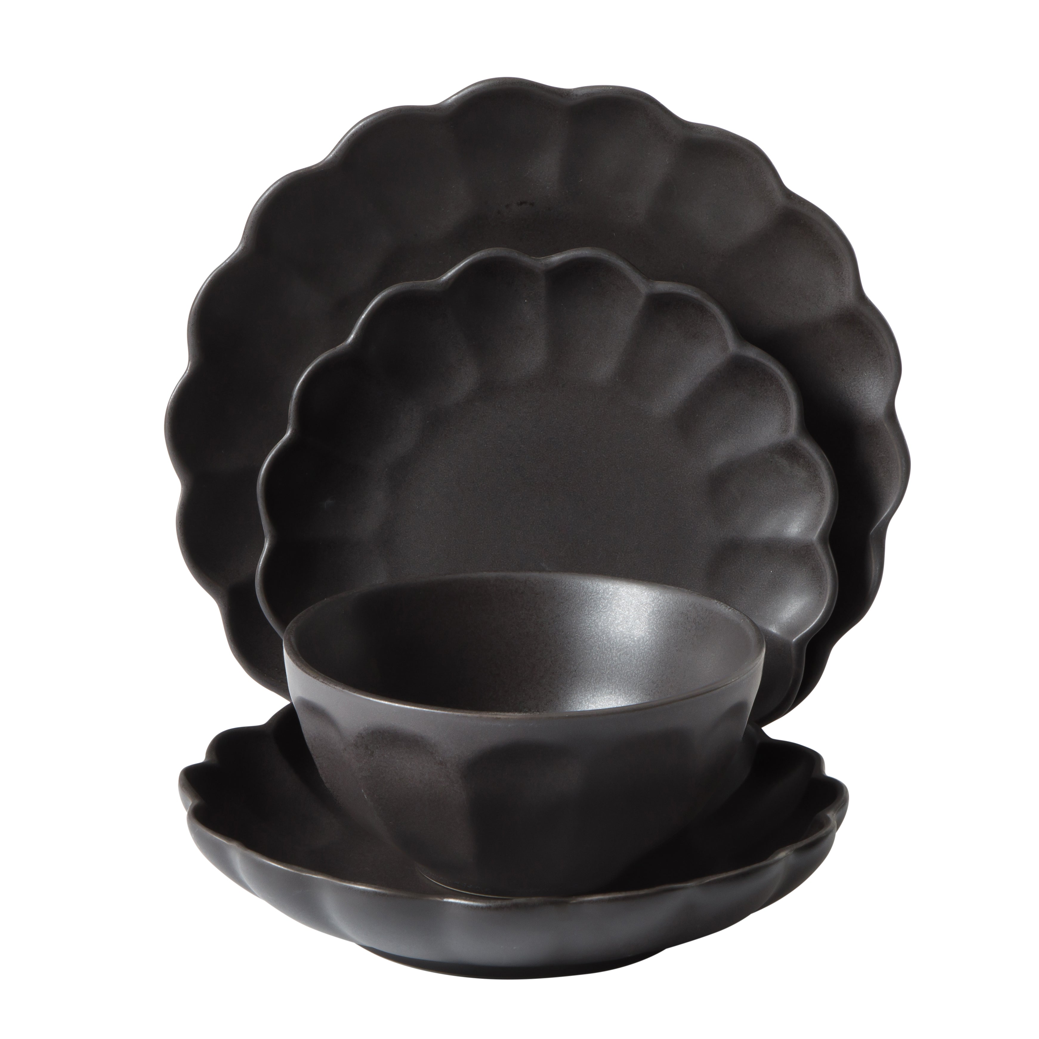 Bloomhouse Plates and Bowls Set, 16 Piece Stoneware Dinnerware for 4, Scallop Embossed, Oprah's Favorite Things, Dishwasher & Microwave Safe, Black