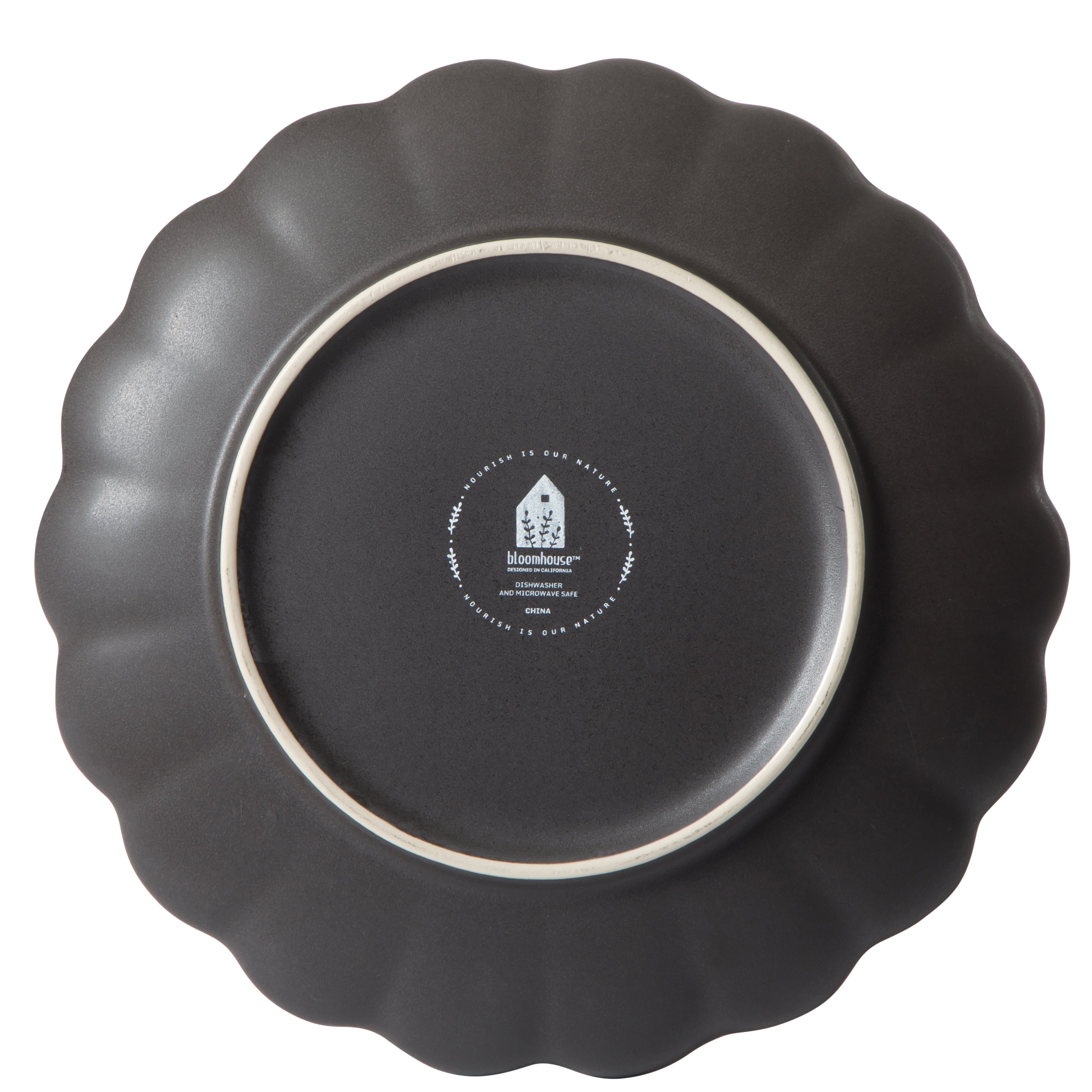 Bloomhouse Plates and Bowls Set, 16 Piece Stoneware Dinnerware for 4, Scallop Embossed, Oprah's Favorite Things, Dishwasher & Microwave Safe, Black