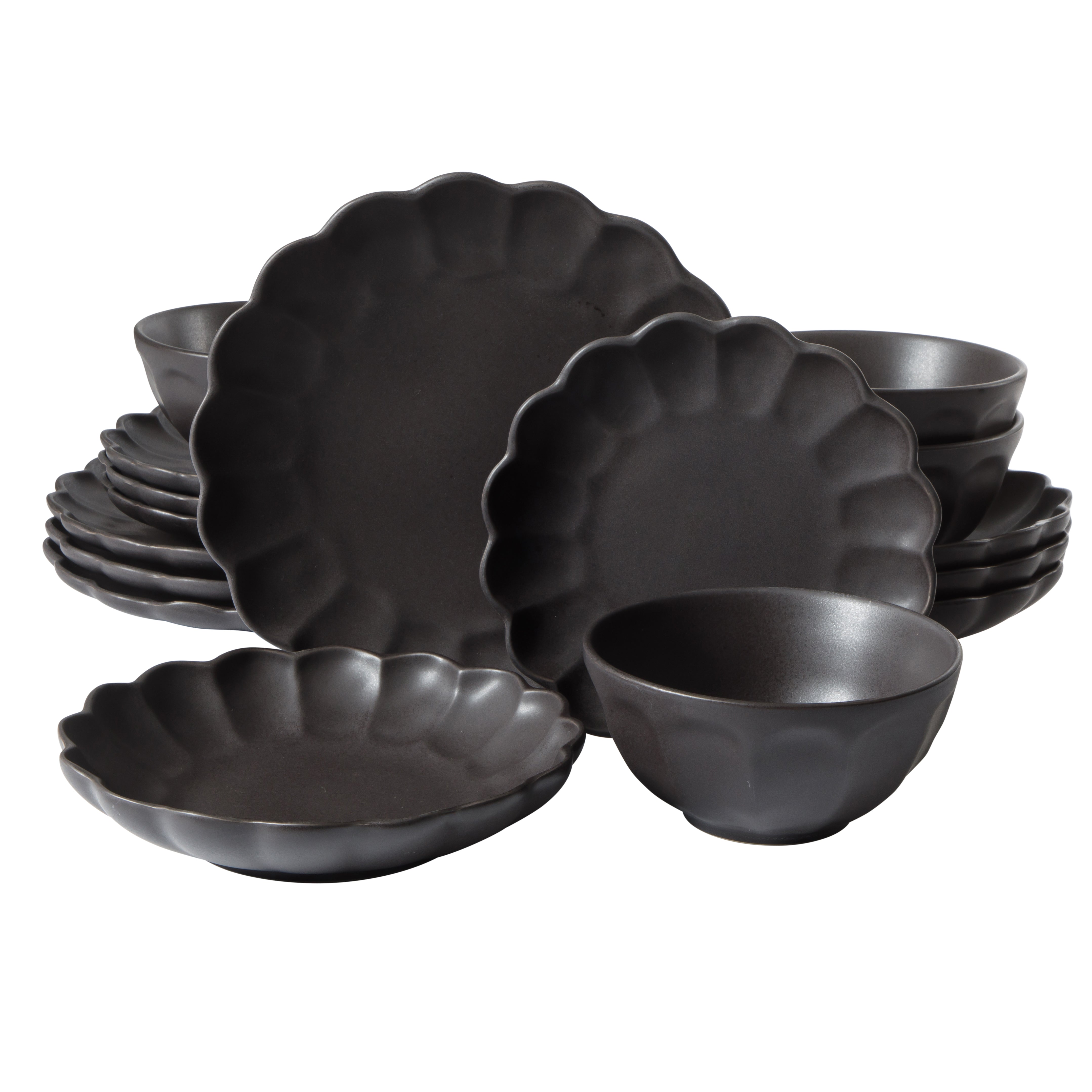 Bloomhouse Plates and Bowls Set, 16 Piece Stoneware Dinnerware for 4, Scallop Embossed, Oprah's Favorite Things, Dishwasher & Microwave Safe, Black