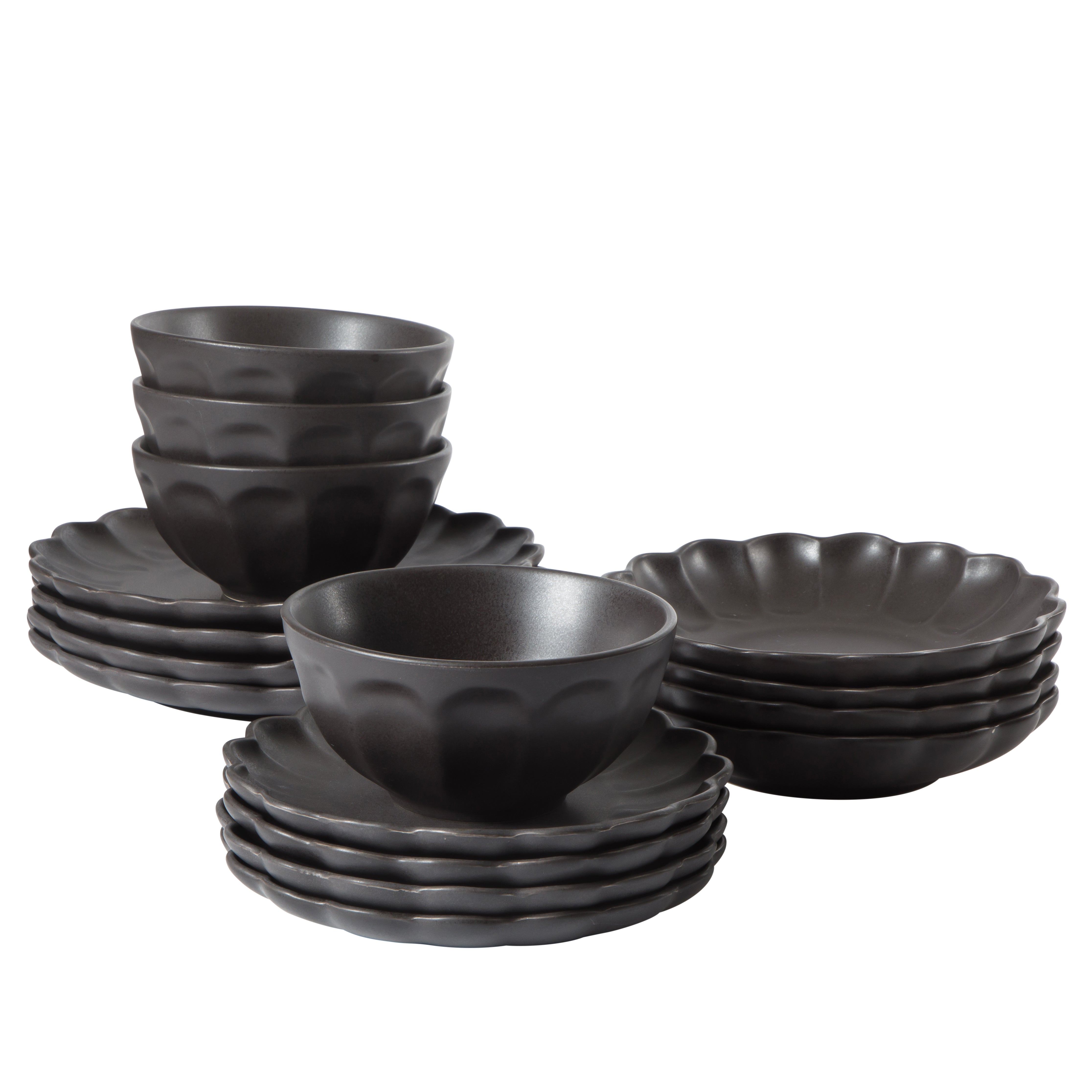 Bloomhouse Plates and Bowls Set, 16 Piece Stoneware Dinnerware for 4, Scallop Embossed, Oprah's Favorite Things, Dishwasher & Microwave Safe, Black
