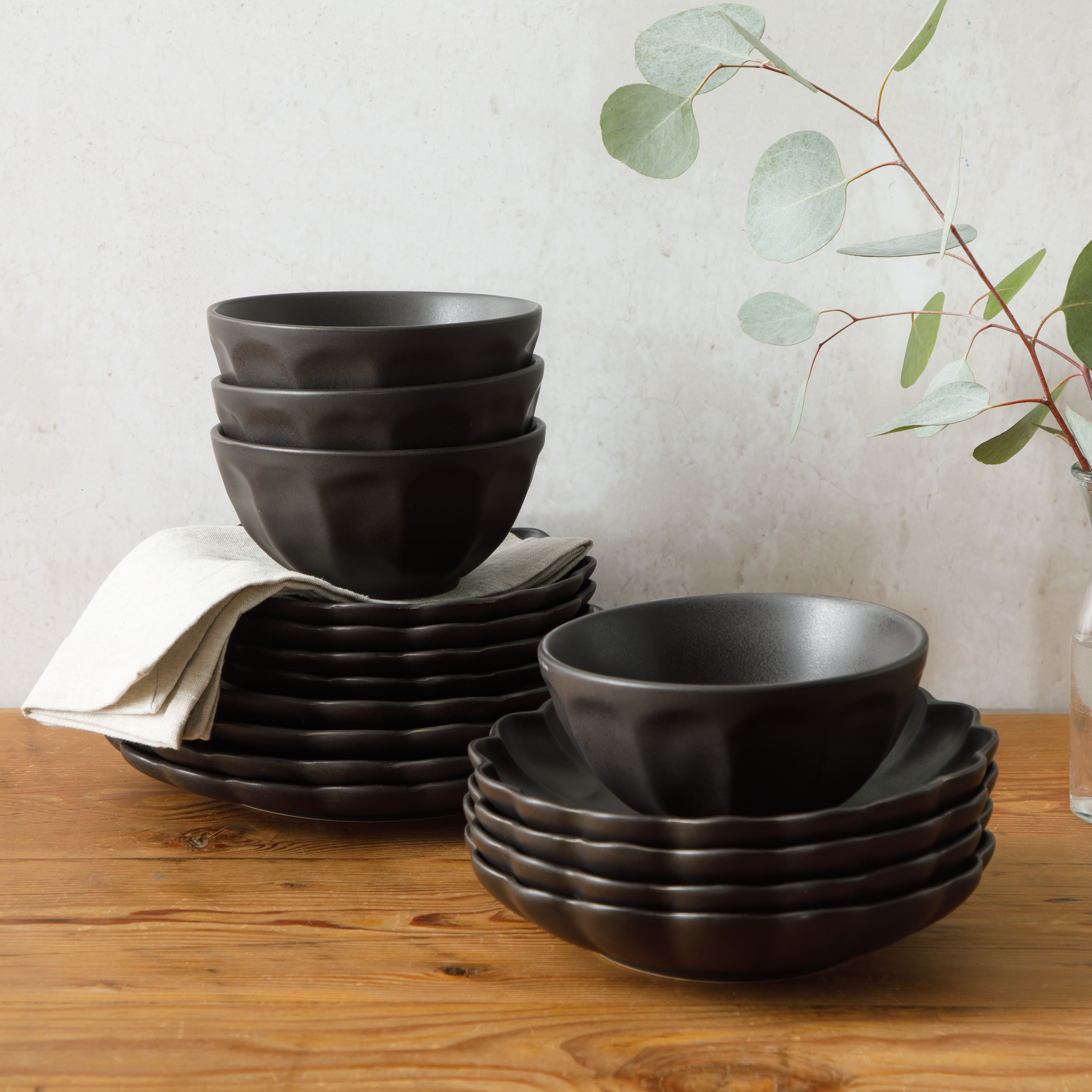 Bloomhouse Plates and Bowls Set, 16 Piece Stoneware Dinnerware for 4, Scallop Embossed, Oprah's Favorite Things, Dishwasher & Microwave Safe, Black