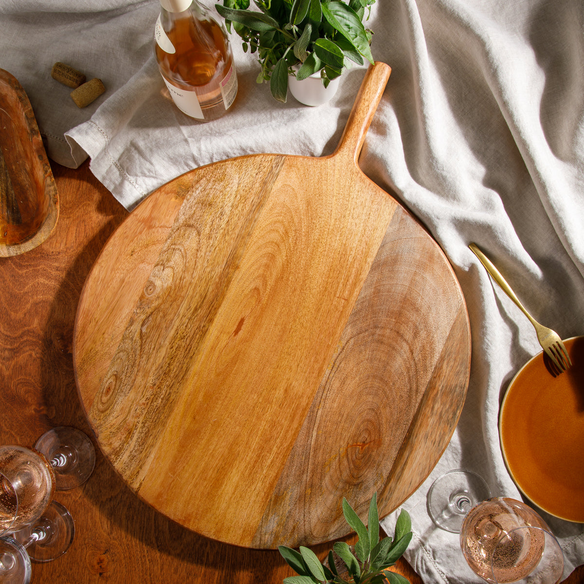 Bloomhouse Mango Wood Round Charcuterie Board with Handle, Serving Board