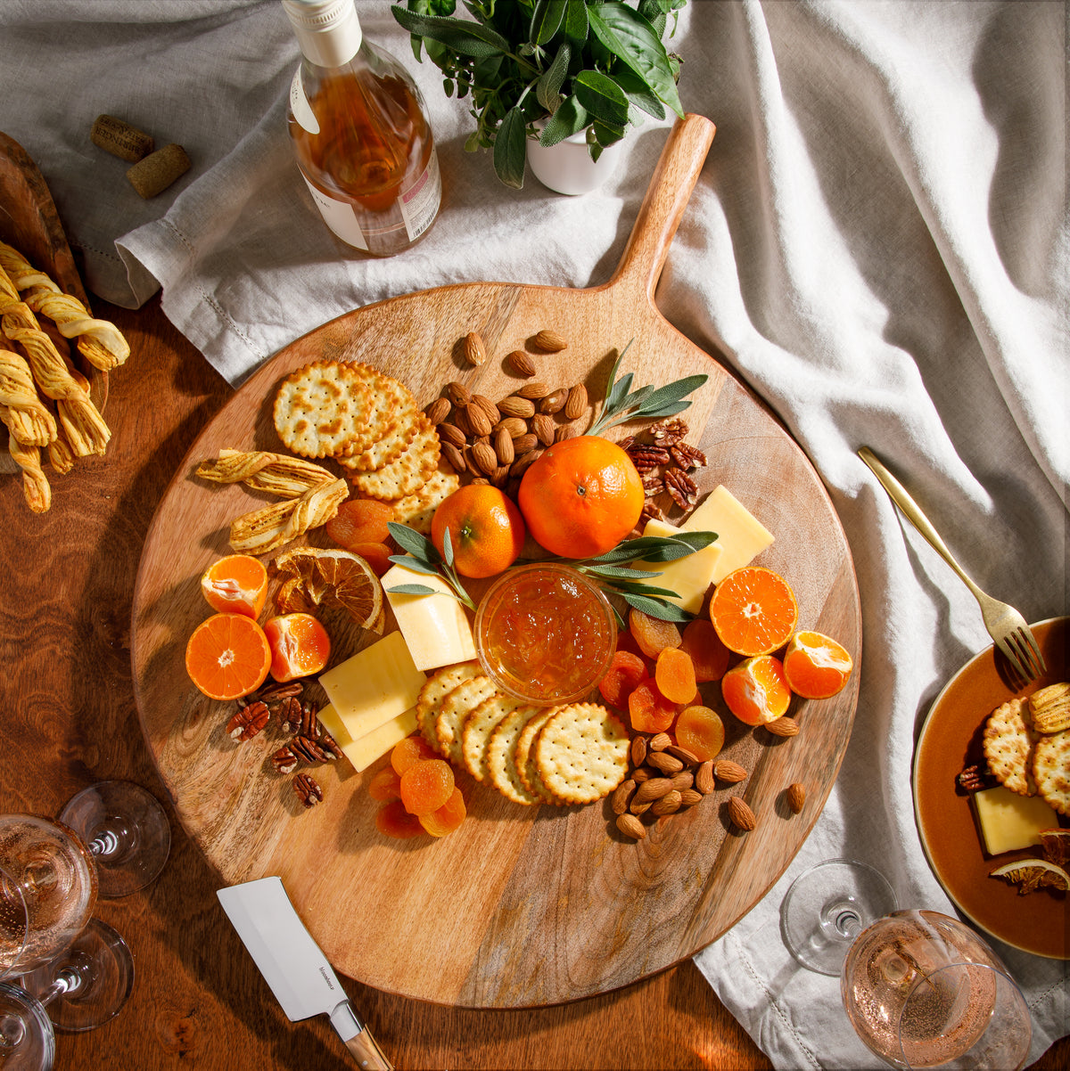 Bloomhouse Mango Wood Round Charcuterie Board with Handle, Serving Board