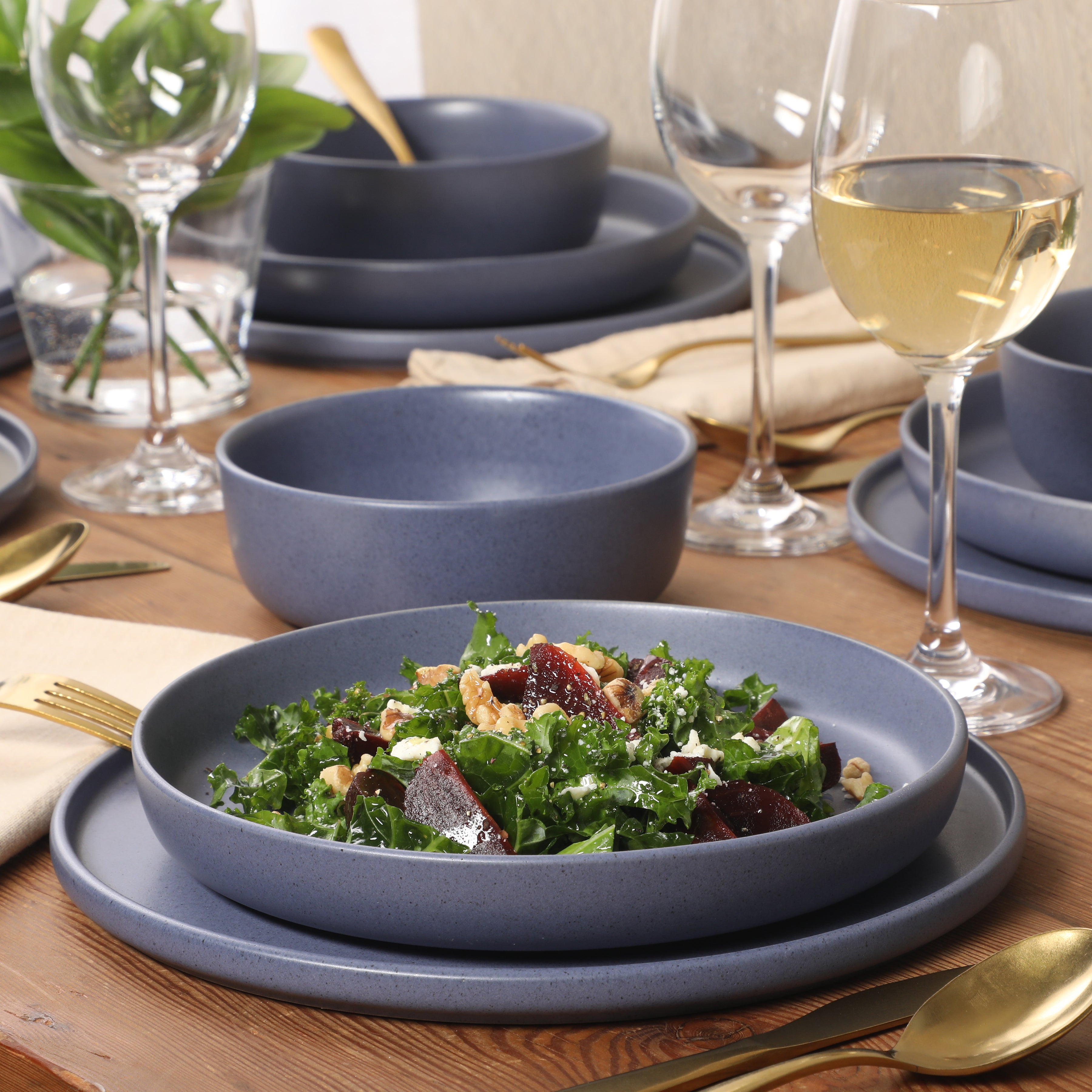 Gibson Elite Bayou Moon Plates and Bowls Sets, 16-Piece Matte Stoneware Dinnerware Sets, Solid Color Reactive Glaze Dish Set