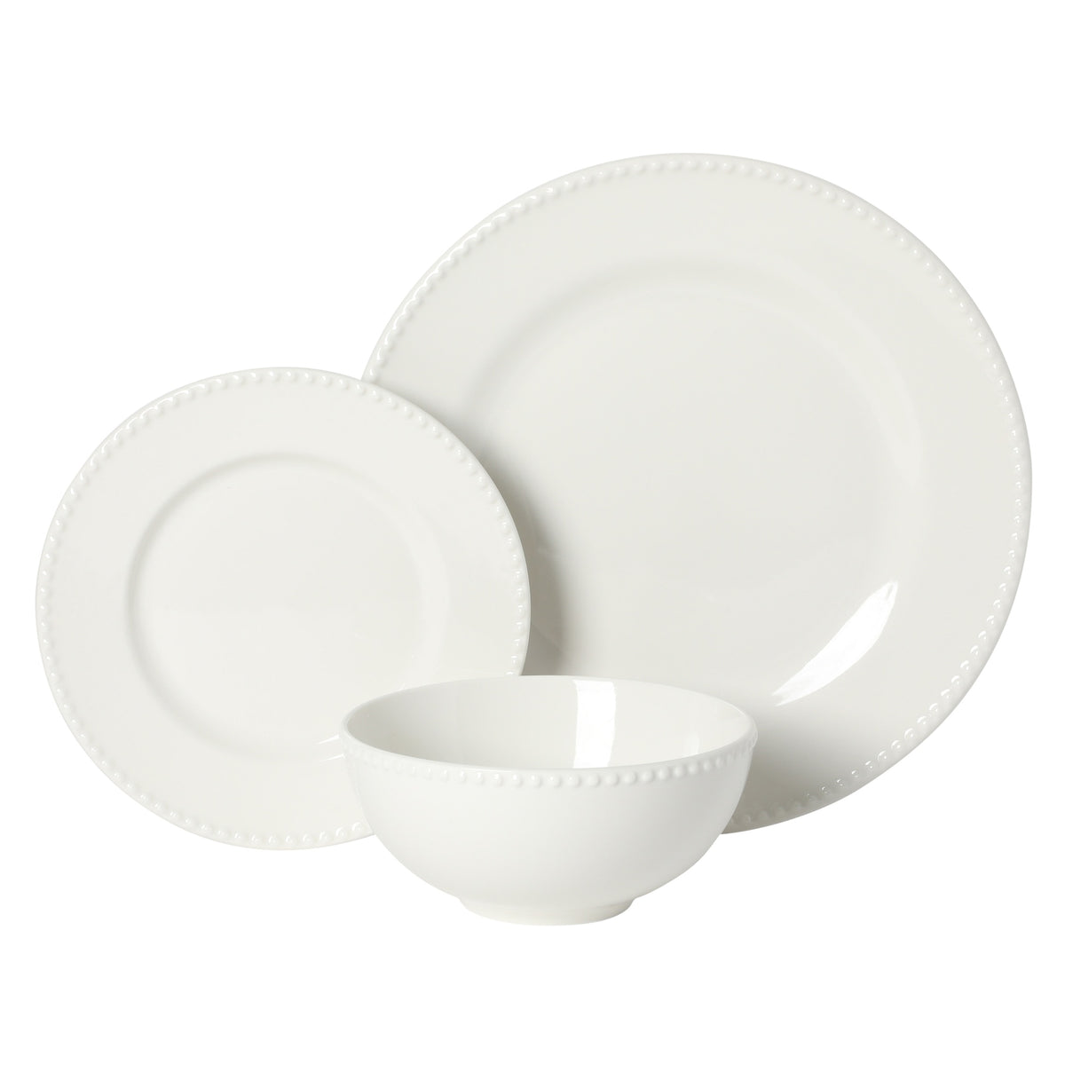 Gibson Home Caviara Plates and Bowls Set, 12-Piece Dinnerware Set, White Round Beaded Rim Porcelain Dish Set, Dinner Plates, Salad Plates & Cereal Bowls