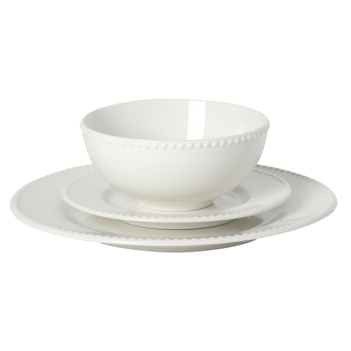 Gibson Home Caviara Plates and Bowls Set, 12-Piece Dinnerware Set, White Round Beaded Rim Porcelain Dish Set, Dinner Plates, Salad Plates & Cereal Bowls