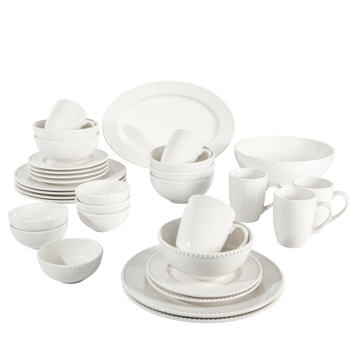 Gibson Home Caviara Plates and Bowls Set, 32 Piece Ceramic Dinnerware Set for 6 with Mugs, Beaded Design, Dishwasher & Microwave Safe, White