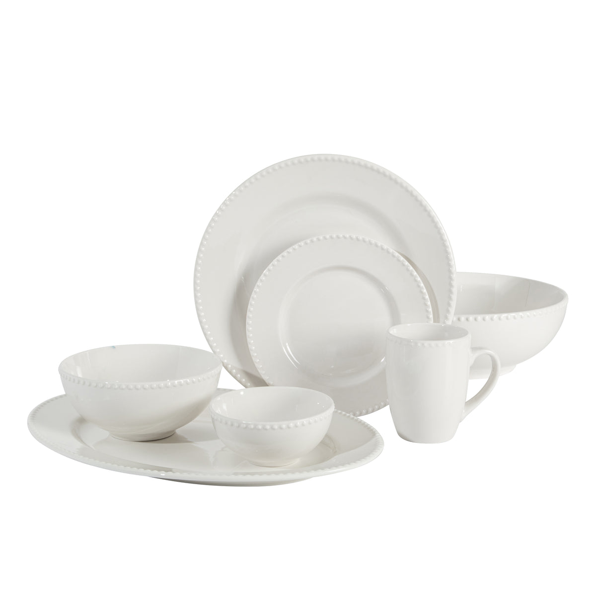 Gibson Home Caviara Plates and Bowls Set, 32 Piece Ceramic Dinnerware Set for 6 with Mugs, Beaded Design, Dishwasher & Microwave Safe, White