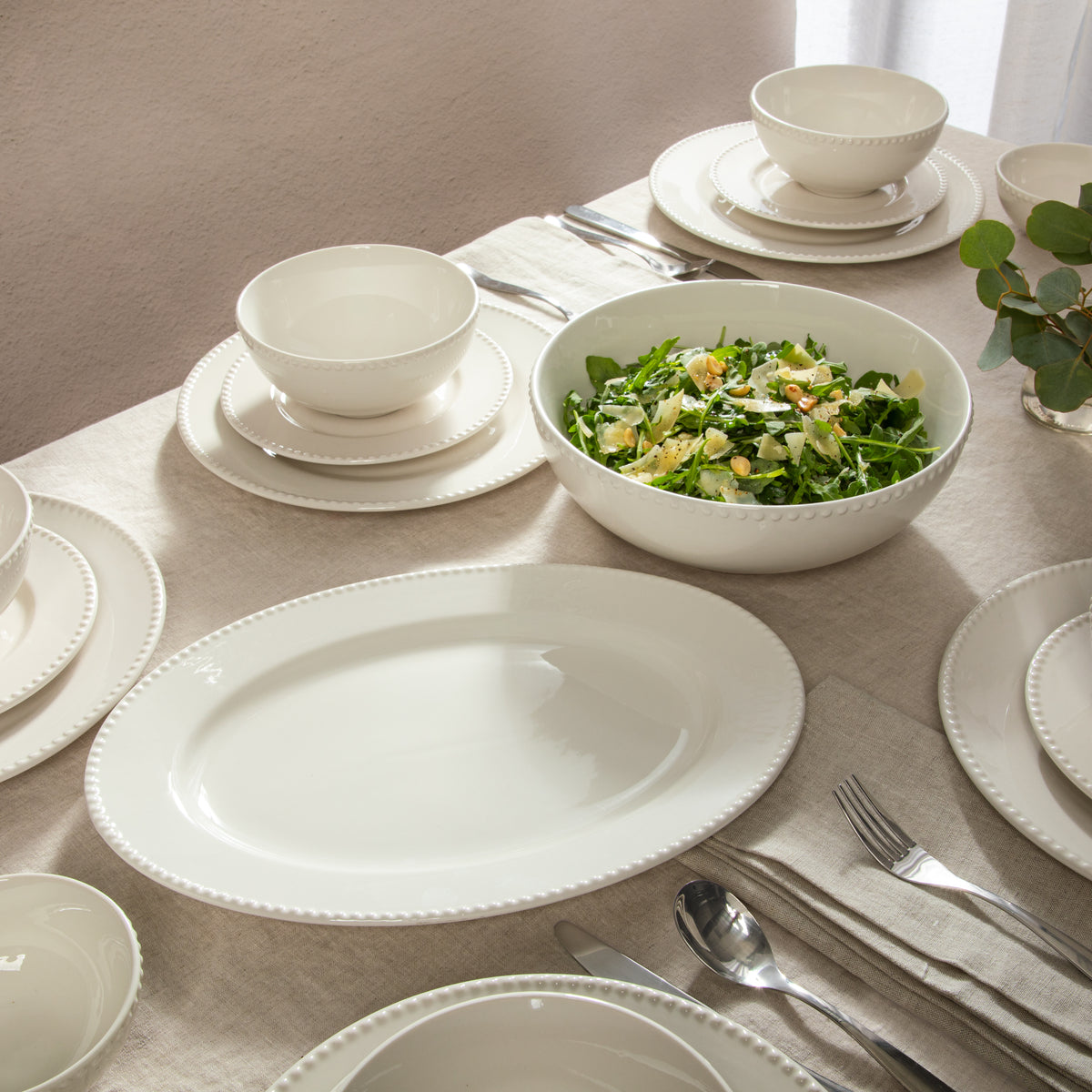 Gibson Home Caviara Plates and Bowls Set, 32 Piece Ceramic Dinnerware Set for 6 with Mugs, Beaded Design, Dishwasher & Microwave Safe, White