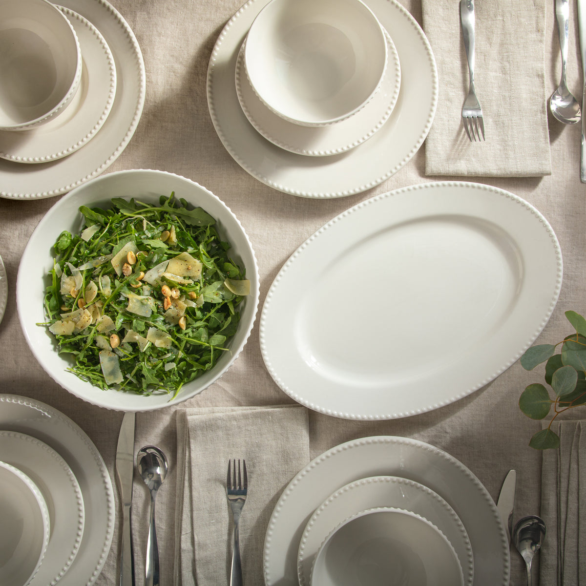 Gibson Home Caviara Plates and Bowls Set, 32 Piece Ceramic Dinnerware Set for 6 with Mugs, Beaded Design, Dishwasher & Microwave Safe, White