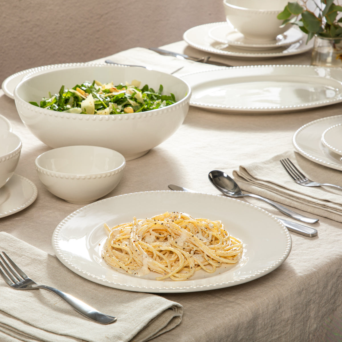 Gibson Home Caviara Plates and Bowls Set, 32 Piece Ceramic Dinnerware Set for 6 with Mugs, Beaded Design, Dishwasher & Microwave Safe, White