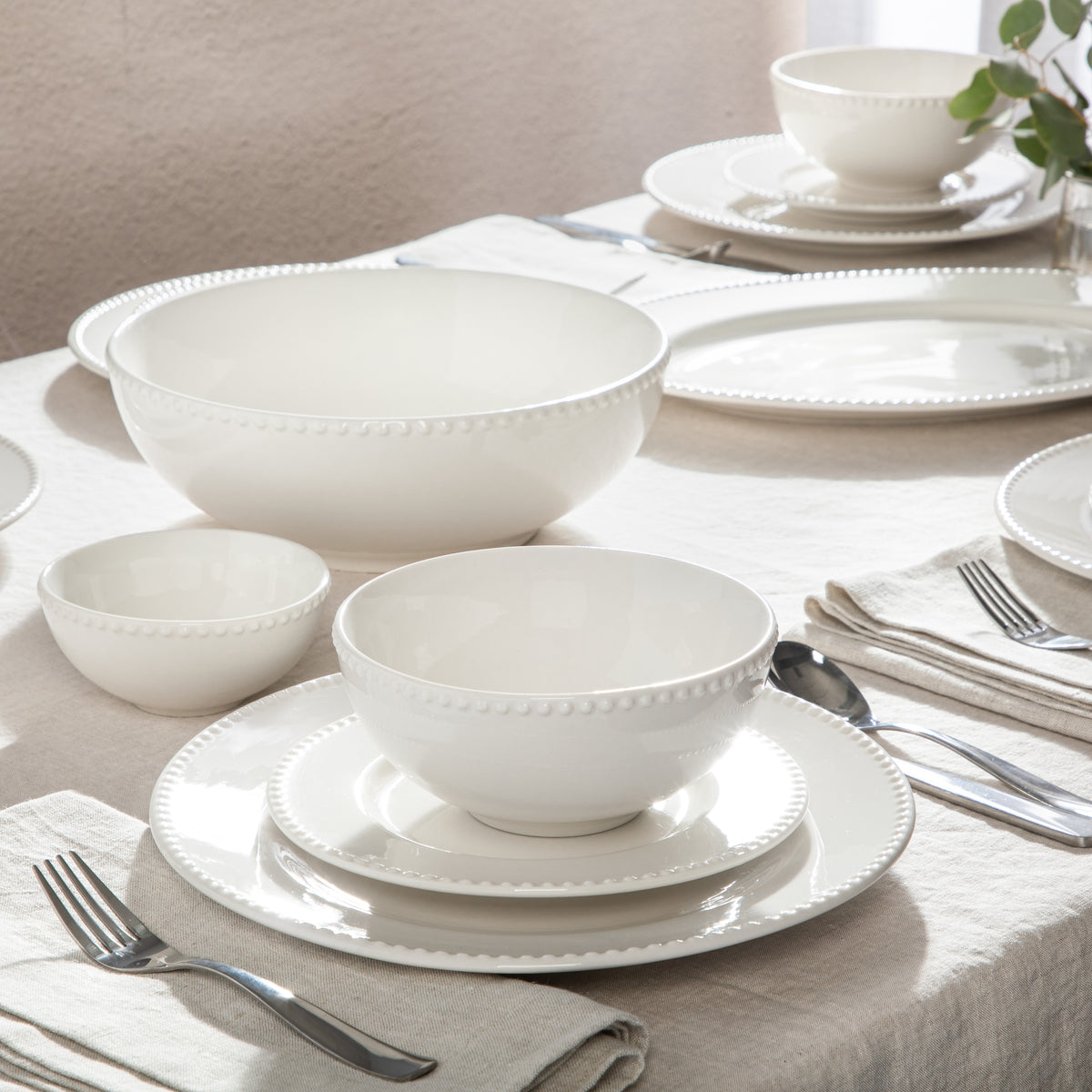 Gibson Home Caviara Plates and Bowls Set, 32 Piece Ceramic Dinnerware Set for 6 with Mugs, Beaded Design, Dishwasher & Microwave Safe, White