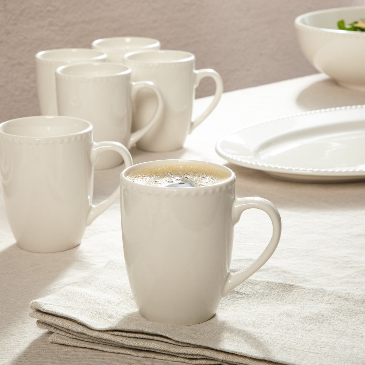 Gibson Home Caviara Plates and Bowls Set, 32 Piece Ceramic Dinnerware Set for 6 with Mugs, Beaded Design, Dishwasher & Microwave Safe, White