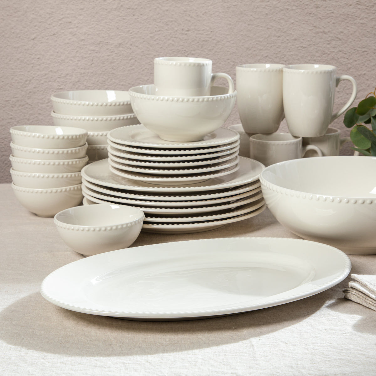 Gibson Home Caviara Plates and Bowls Set, 32 Piece Ceramic Dinnerware Set for 6 with Mugs, Beaded Design, Dishwasher & Microwave Safe, White