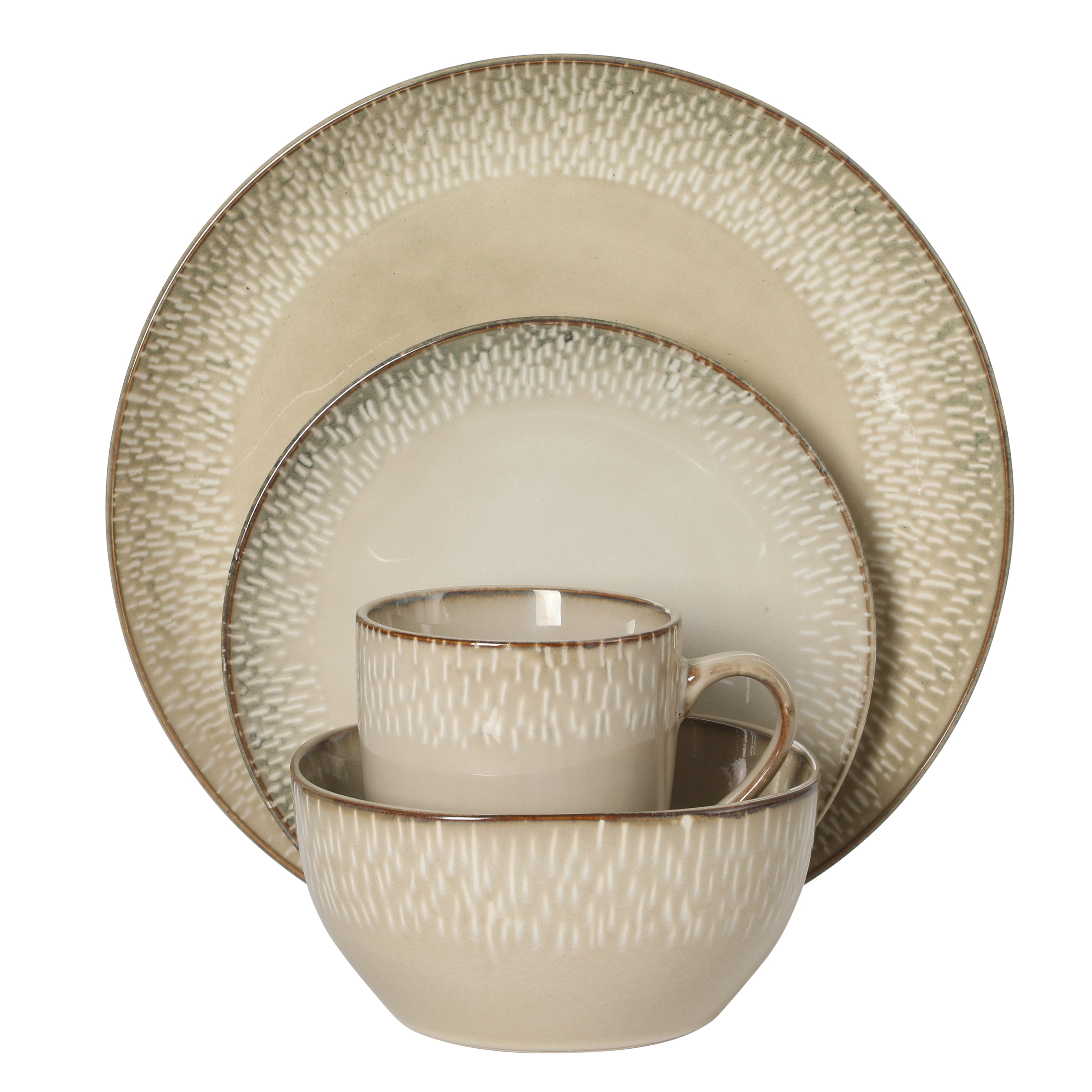 Gibson Elite Jasper 16 Piece Plates and Bowls Reactive Glaze Dishes Stoneware Ceramic Dinnerware Set - Service for 4 - Taupe