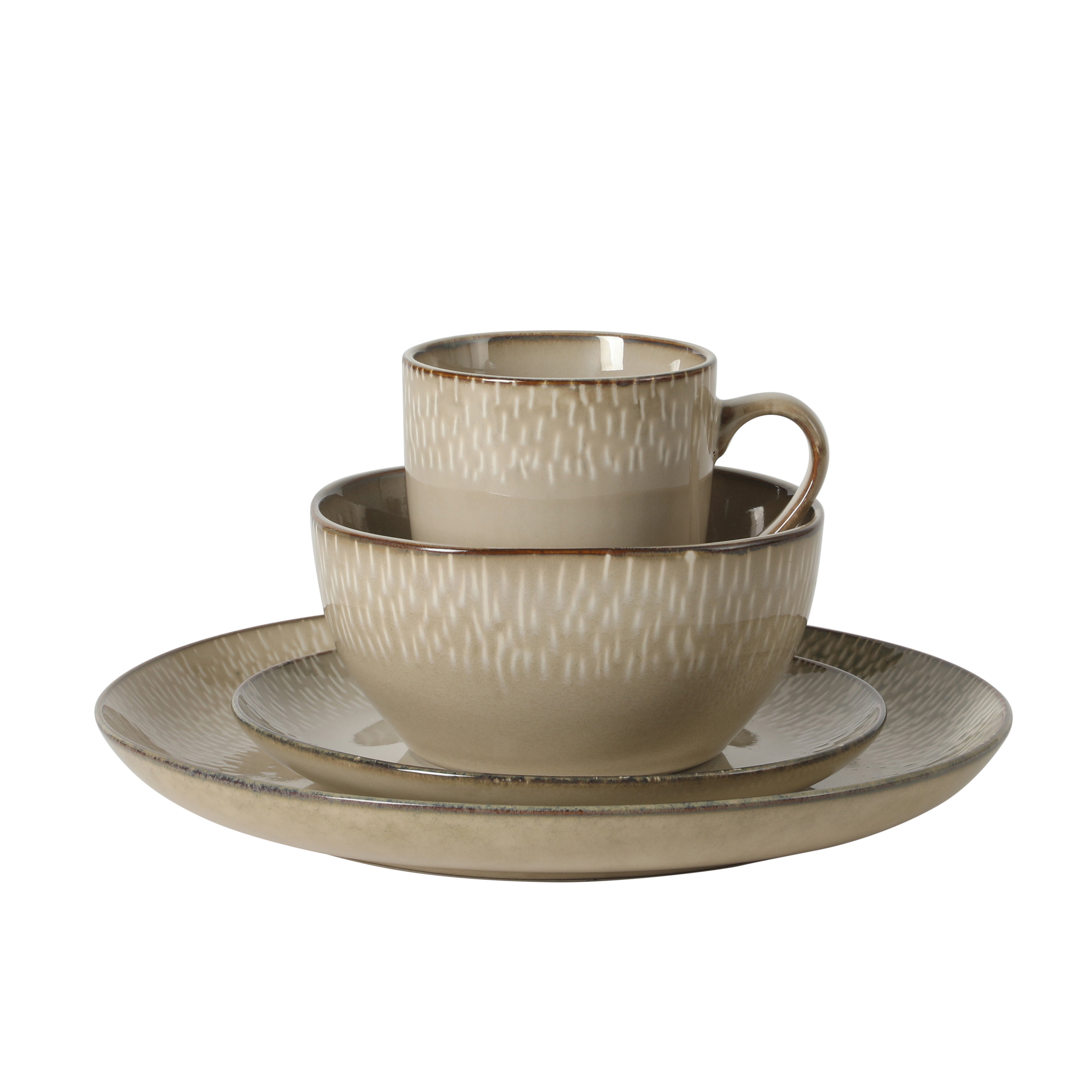 Gibson Elite Jasper 16 Piece Plates and Bowls Reactive Glaze Dishes Stoneware Ceramic Dinnerware Set - Service for 4 - Taupe