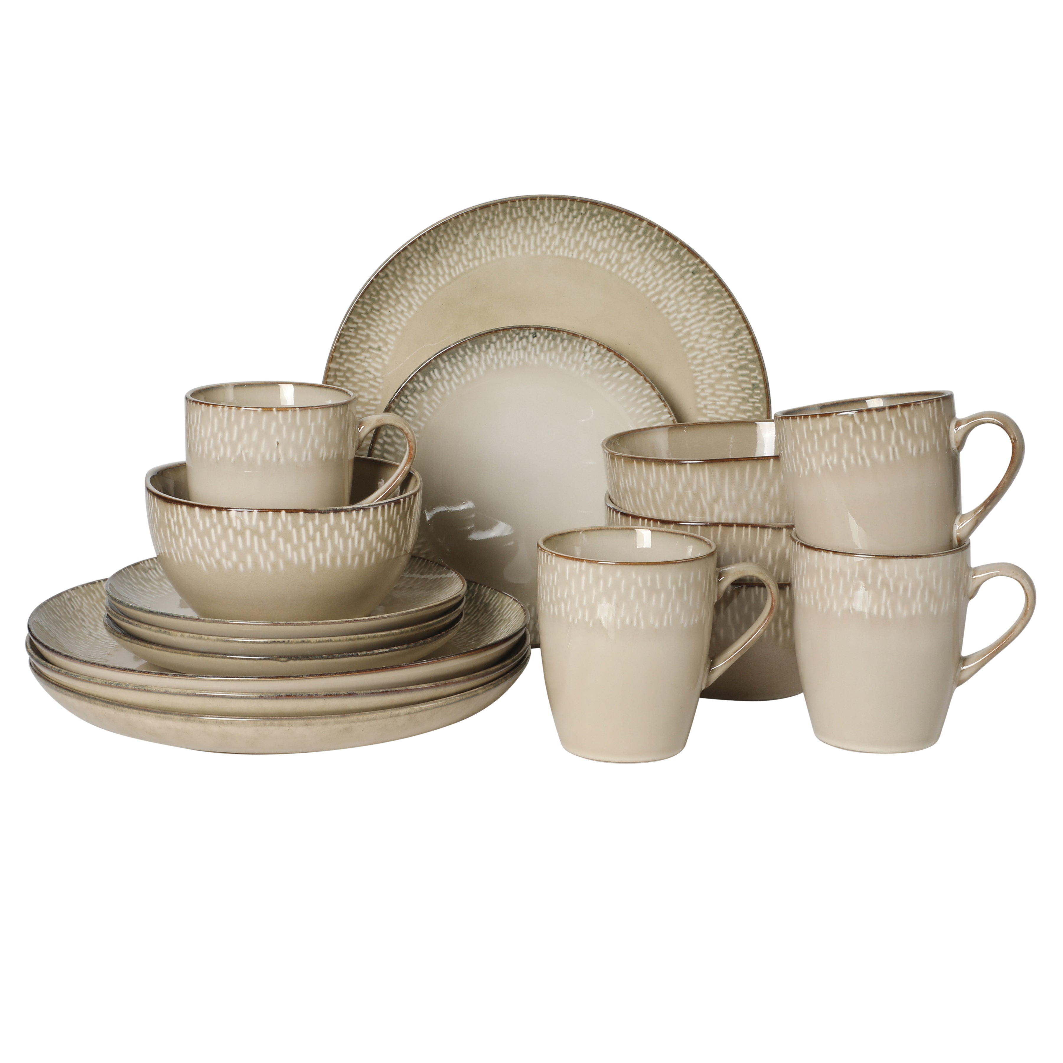 Gibson Elite Jasper 16 Piece Plates and Bowls Reactive Glaze Dishes Stoneware Ceramic Dinnerware Set - Service for 4 - Taupe