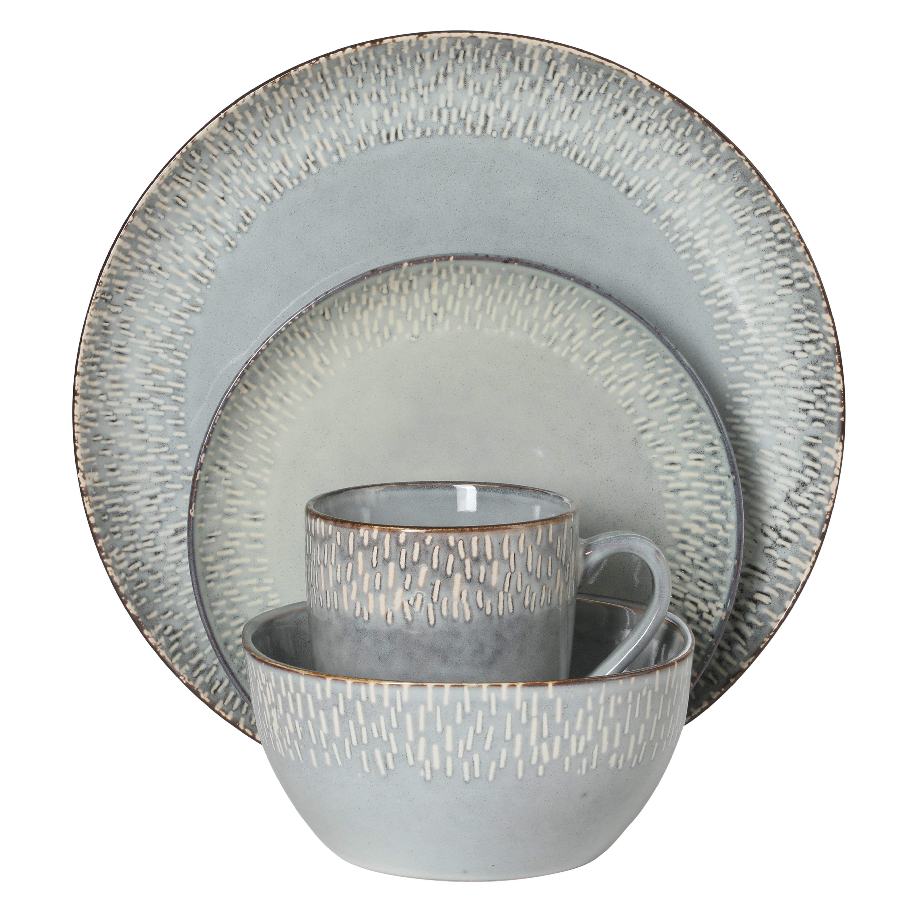 Gibson Elite Jasper 16 Piece Plates and Bowls Reactive Glaze Dishes Stoneware Ceramic Dinnerware Set - Service for 4 - Taupe