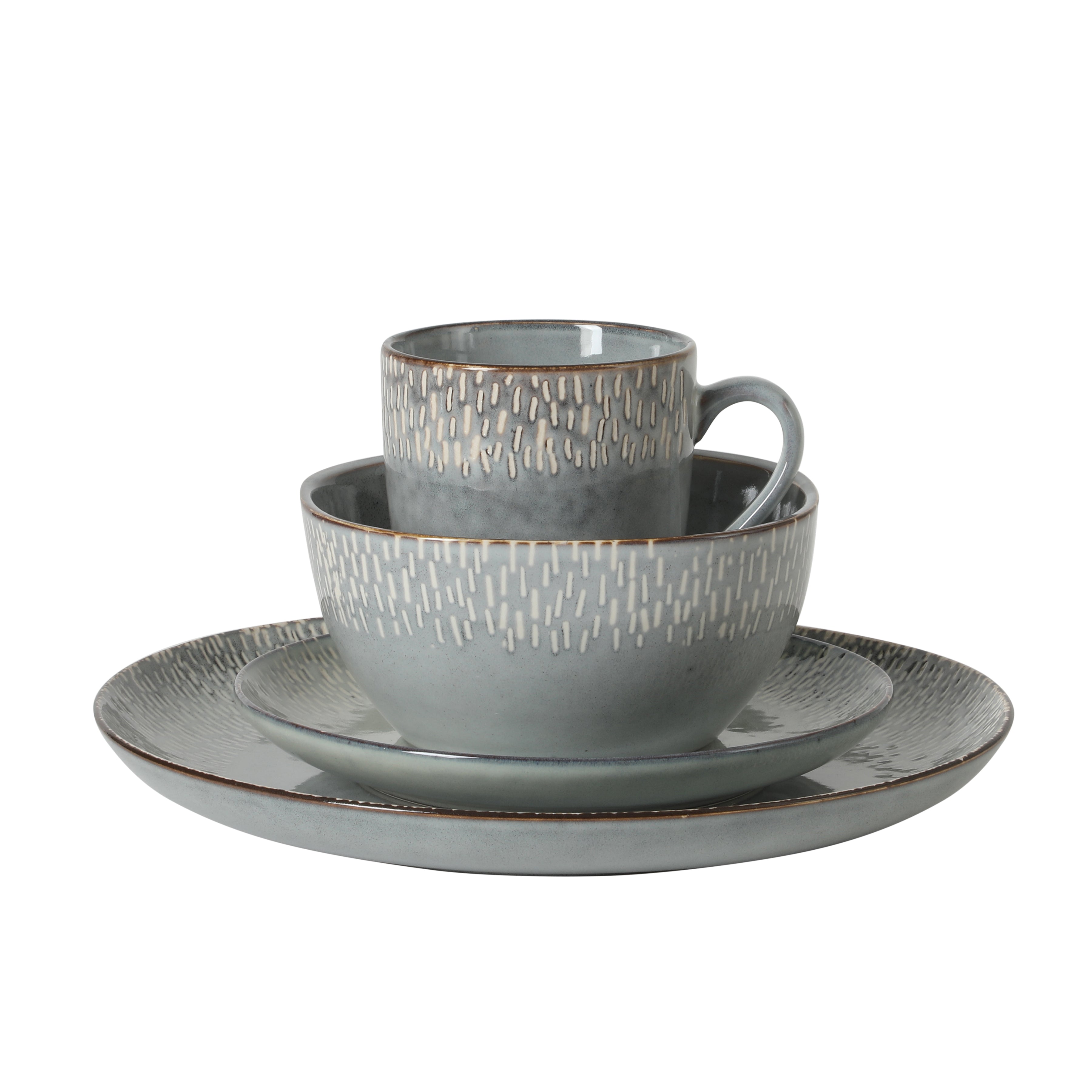 Gibson Elite Jasper 16 Piece Plates and Bowls Reactive Glaze Dishes Stoneware Ceramic Dinnerware Set - Service for 4 - Taupe