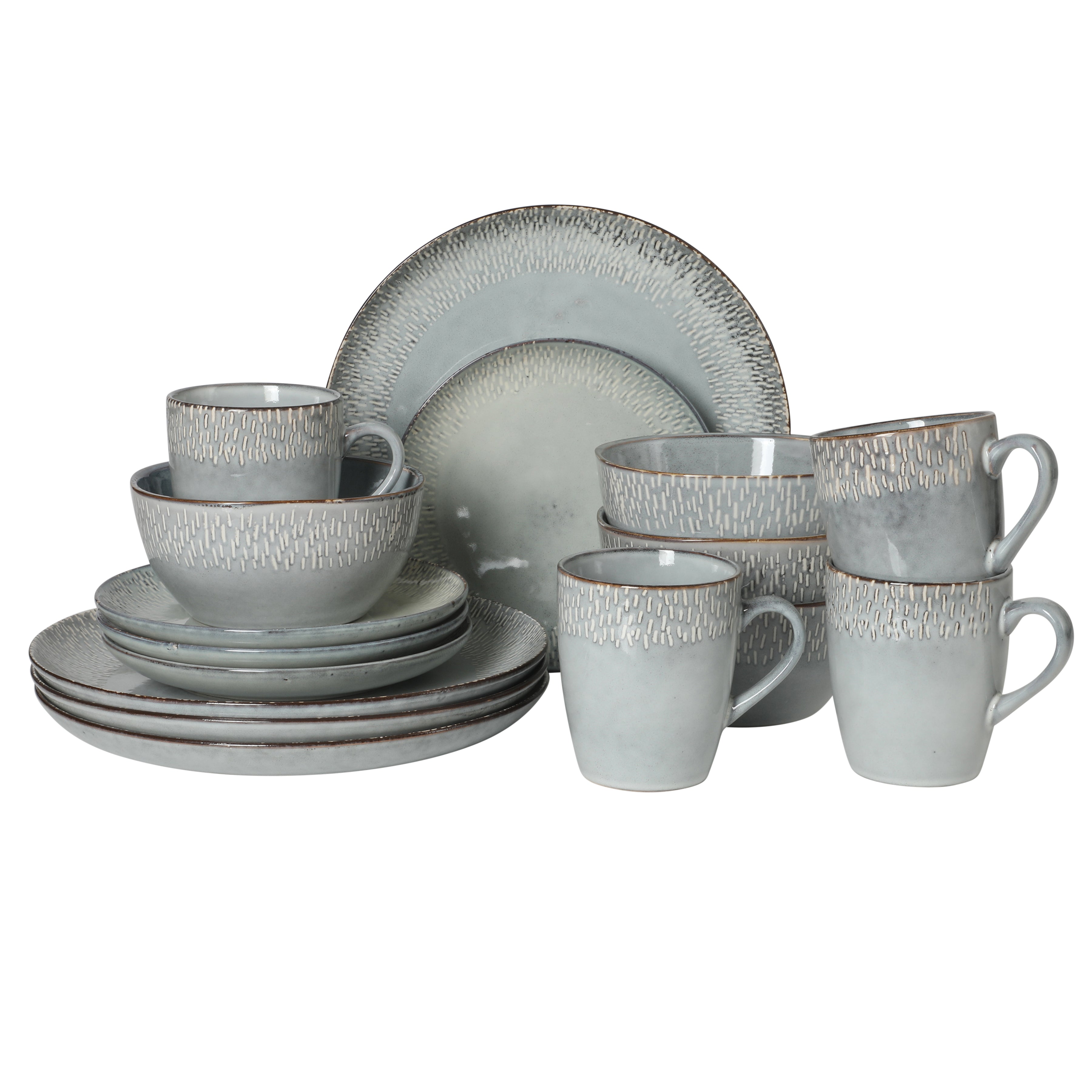 Gibson Elite Jasper 16 Piece Plates and Bowls Reactive Glaze Dishes Stoneware Ceramic Dinnerware Set - Service for 4 - Taupe