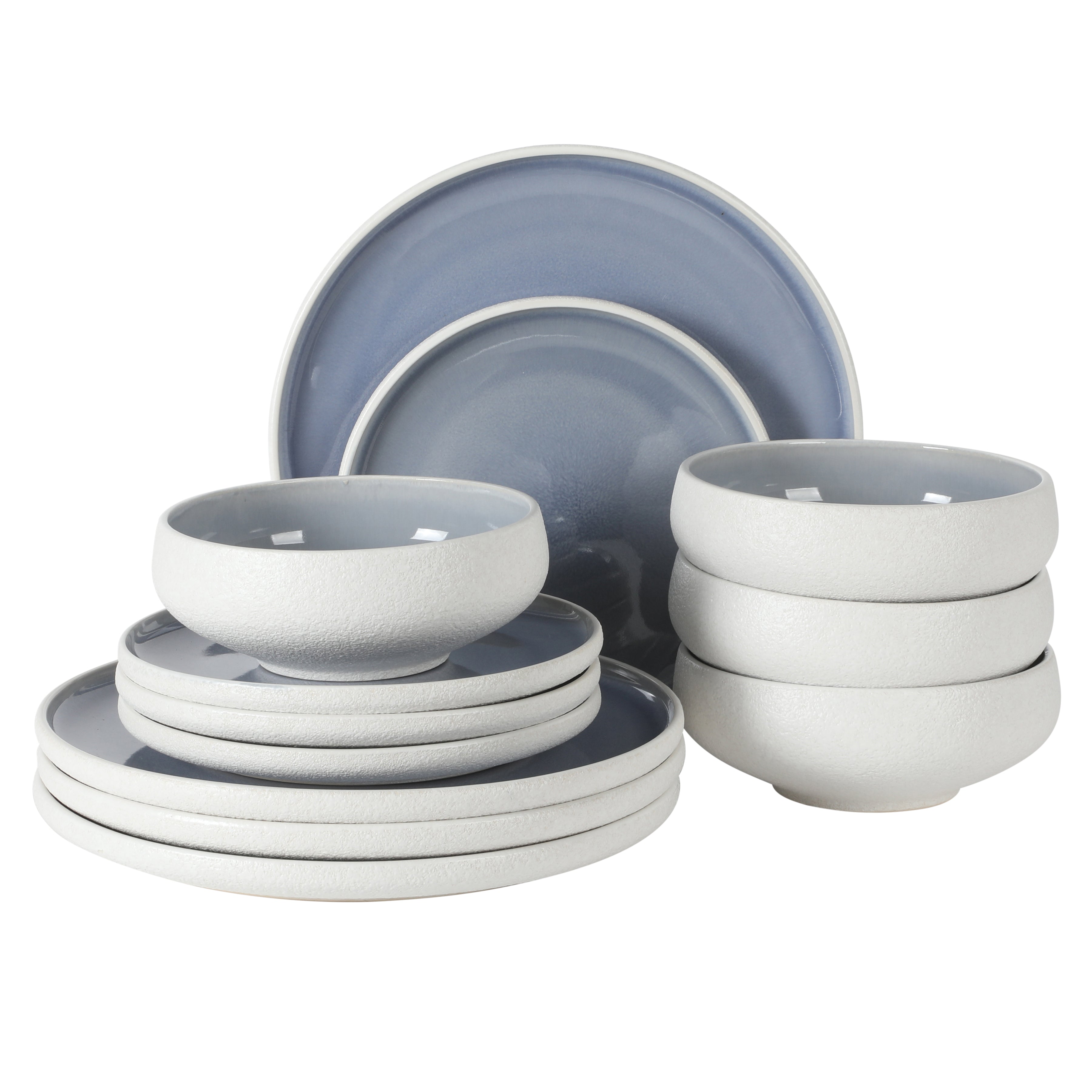 Gibson Elite Pacifco Beach Plates and Bowls Sets, 12-Piece Stoneware Dinnerware Sets, Reactive Glaze Dish Set